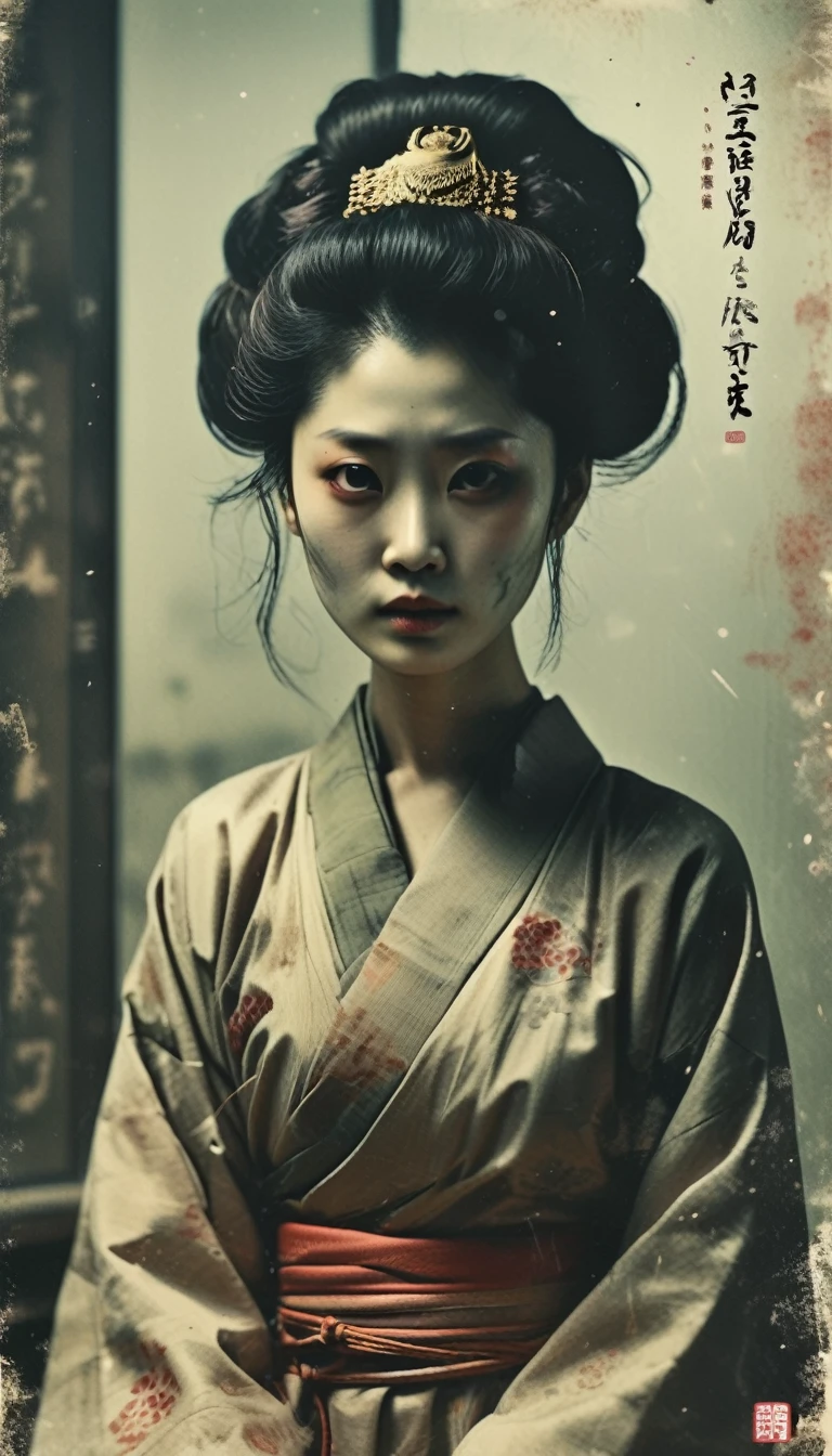 ghost、female doctor、Only the head is abnormally large、There is a reddish-black bump on the forehead,Horns growing、Are crying、Wearing a kimono,Dirty skin color、