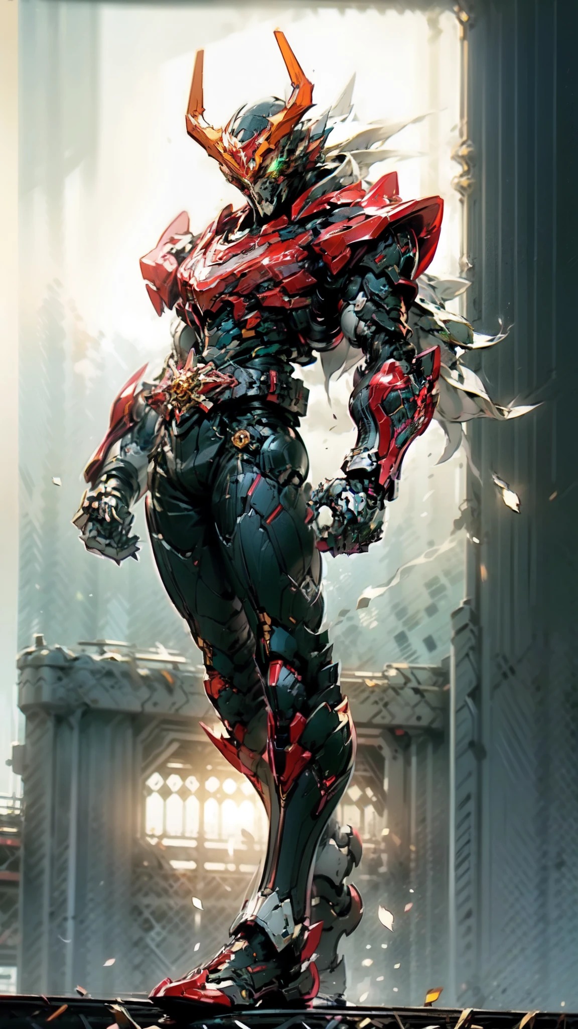 (masterpiece:1.5, best quality:1.5, extremely delicate:1.5), ((male:1.5)), a man wearing a full-face helmet, green eyes, fantasy-style high-tech biomimetic armored combat suit, (a composite layered chest armor), the design balances heavy with agility, fully enclosed shoulder guards, matching arm and leg guards, a belt of gemstone, (the color scheme is primarily White with Blue and Red accents, Organic Biotech, Concept Inspired by Dragon, glowing eyes, armor glows, stand of a futuristic sci-fi city), this character embodies a finely crafted fantasy-style armored hero in anime style, exquisite and mature art style, metallic, high definition, highres, ultra-detailed, ultra-fine painting, professional, perfect body proportions, golden ratio, anatomically correct, symmetrical face, extremely detailed eyes and face, high quality eyes, creativity, RAW photo, UHD, 32k, Natural light, cinematic lighting, masterpiece-anatomy-perfect