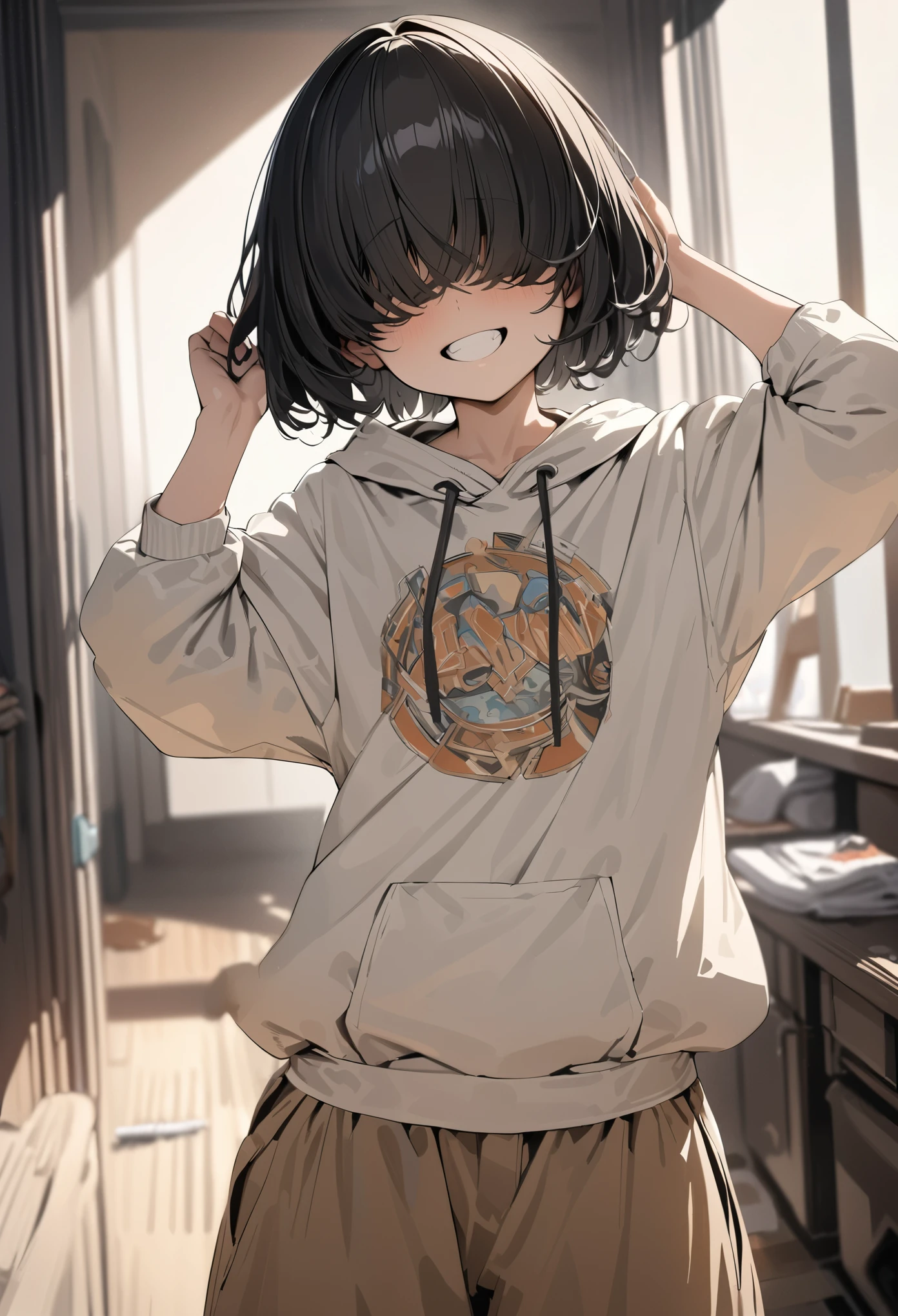 girl, (Hair covering the eyes), short hair, flat chest, (Best Quality,4K,8k, Hi-Res,masterpiece:1.2), Super detailed, Black Hair, hoodie, (bangs) smile, Baggy trousers, Teeth are visible, standing, Baggy clothes, Put your hands down
