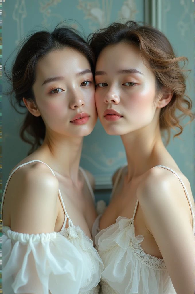 Femme europe, Photo brute Erik Madigan Heck portrait photography, (Actual skin texture: 1.3, 2 filles jumelles, (((cheveux roux, poitrine moyenne: 1.3)), cheveux longs, (Haut du corps), (prise de face) , expression extatique, Bouche grande ouverte, Map seen from above, (robe en voile, haute couture) French woman, Leica, luz, art