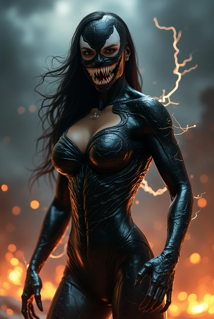 Venom, she-venom, symbiote, female, woman, femenine, muscular, muscular female, abs, biceps, breasts, Big breasts, nipples, sexy femenine figure, no hair, bald, bald female