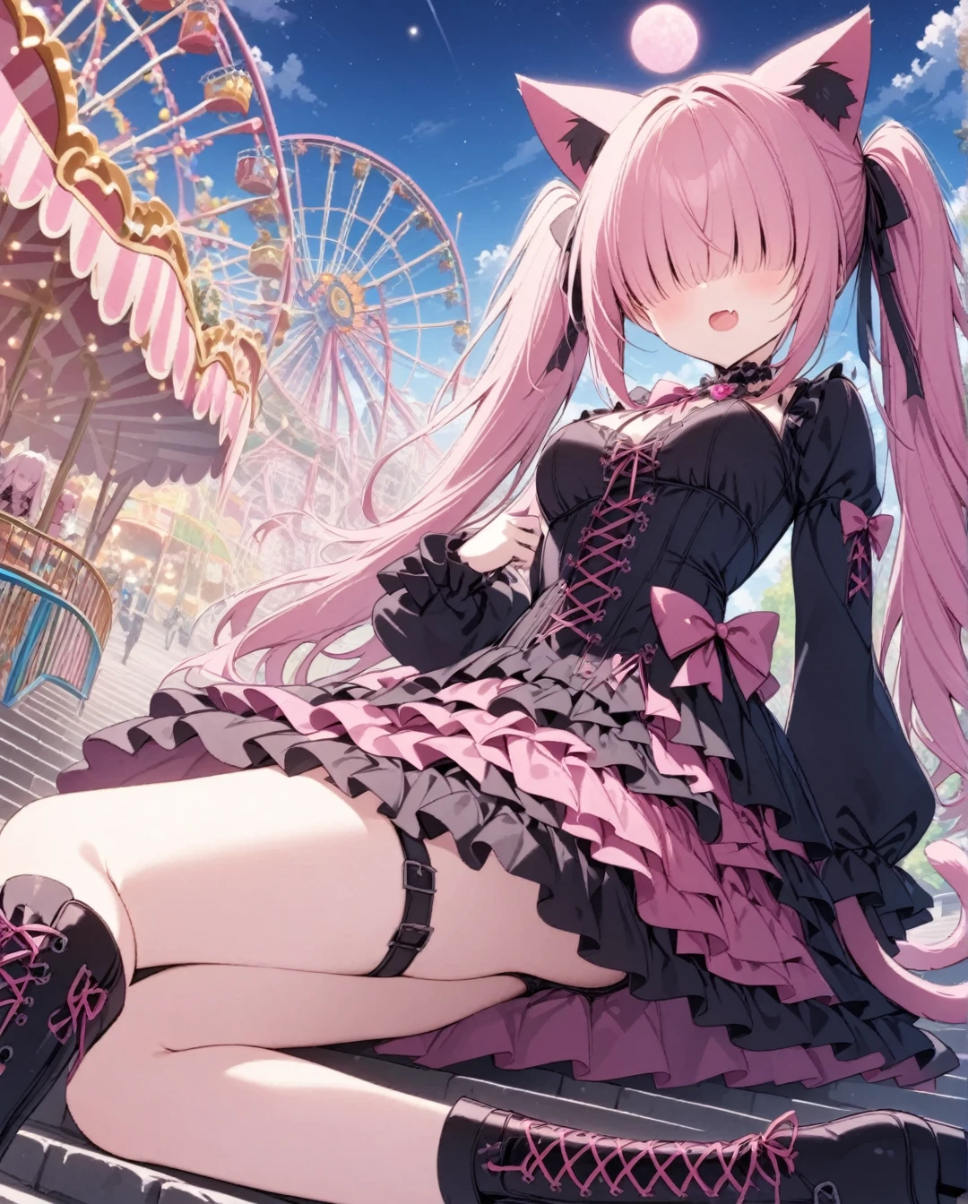 1girl,dramatic angle,reclining,cat on stone steps,
,skin fang,(no eyes,hair over eyes,pink hair,long hair,twintails),(cat ears,cat tail),Pink bow,(jiraikei (Pink Gothic Ta:1.3)),Lace-up boots,medium breasts,amusement park,stone steps