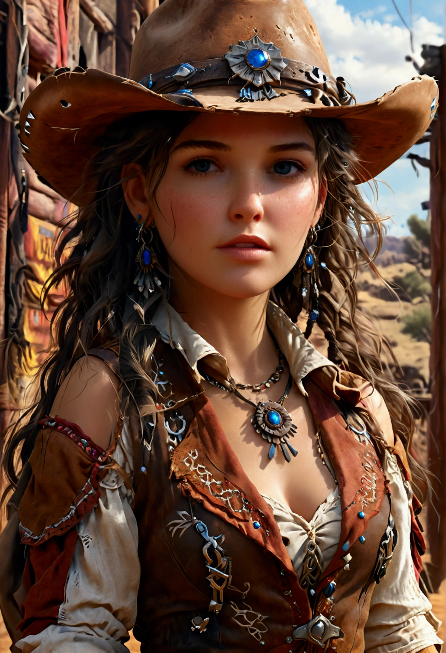 1 hyper realistic girl in Wild West clothes, fantasy art,  photorealistic ,  dynamic lighting , ArtStation,  highly detailed face , 4K, awarded,