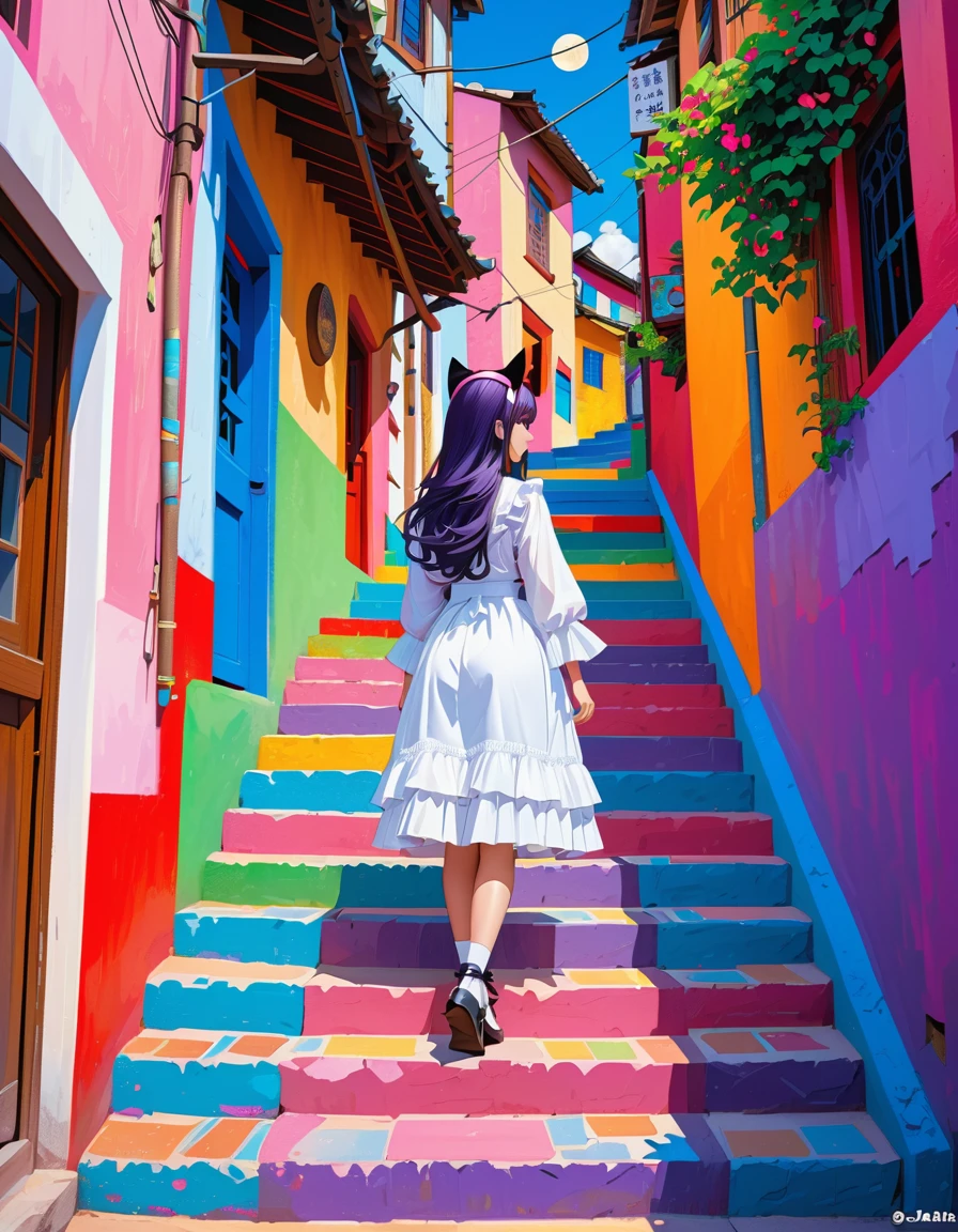 Cat-eared girl descending colorful stone stairs in a narrow alley, Girl with Cat ear headband, Neko Mimi Mode, straight dark purple long hair, Horizontal fringe hair, detailed white ta outfit, cat ears with light pink inside, Hazuki from Tsukuyomi - MOON PHASE -. By John La Gatta, Oil painting, street art, colorful landscape, details and vibrant colors, colorful photography, cat-eared girl Illustration, beautiful Illustration, colorful stone stairs to paradise, leading to a beautiful view