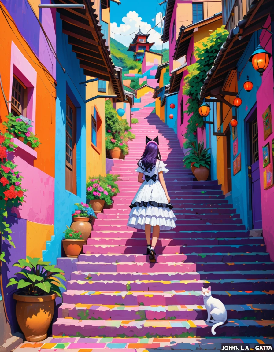 Cat-eared girl descending colorful stone stairs in a narrow alley, Girl with Cat ear headband, Neko Mimi Mode, straight dark purple long hair, Horizontal fringe hair, detailed white ****ta outfit, cat ears with light pink inside, Hazuki from Tsukuyomi - MOON PHASE -. By John La Gatta, Oil painting, street art, colorful landscape, details and vibrant colors, colorful photography, cat-eared girl Illustration, beautiful Illustration, colorful stone stairs to paradise, leading to a beautiful view