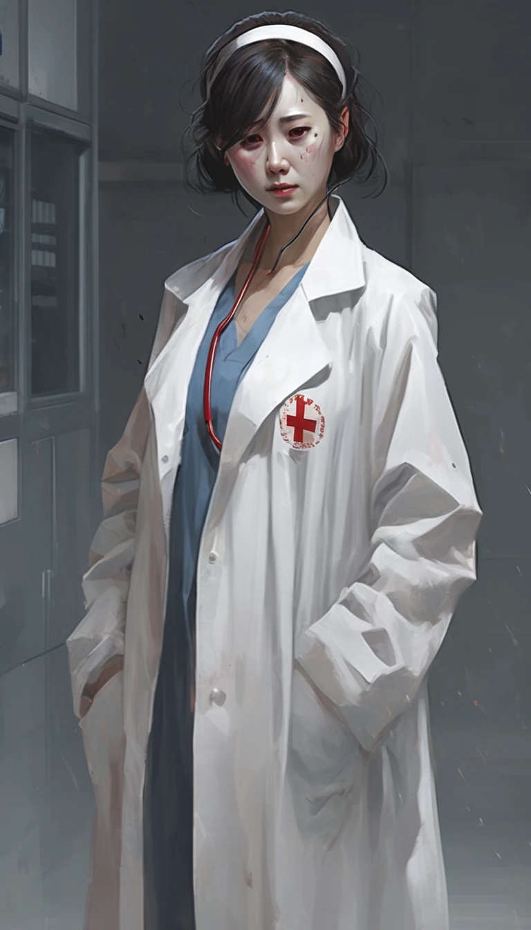 ghost、female doctor、Only the head is abnormally large、There is a reddish-black bump on the forehead,Horns growing、Are crying、 wearing a white coat ,Dirty skin color、hospital