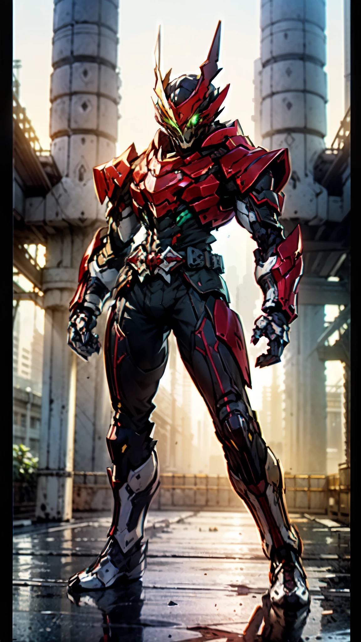 (masterpiece:1.5, best quality:1.5, extremely delicate:1.5), ((male:1.5)), a man wearing a full-face helmet, green eyes, fantasy-style high-tech biomimetic armored combat suit, (a composite layered chest armor), the design balances heavy with agility, fully enclosed shoulder guards, matching arm and leg guards, a belt of gemstone, (the color scheme is primarily White with Blue and Red accents, Organic Biotech, Concept Inspired by Skull, glowing eyes, armor glows, stand of a futuristic sci-fi city), this character embodies a finely crafted fantasy-style armored hero in anime style, exquisite and mature art style, metallic, high definition, highres, ultra-detailed, ultra-fine painting, professional, perfect body proportions, golden ratio, anatomically correct, symmetrical face, extremely detailed eyes and face, high quality eyes, creativity, RAW photo, UHD, 32k, Natural light, cinematic lighting, masterpiece-anatomy-perfect