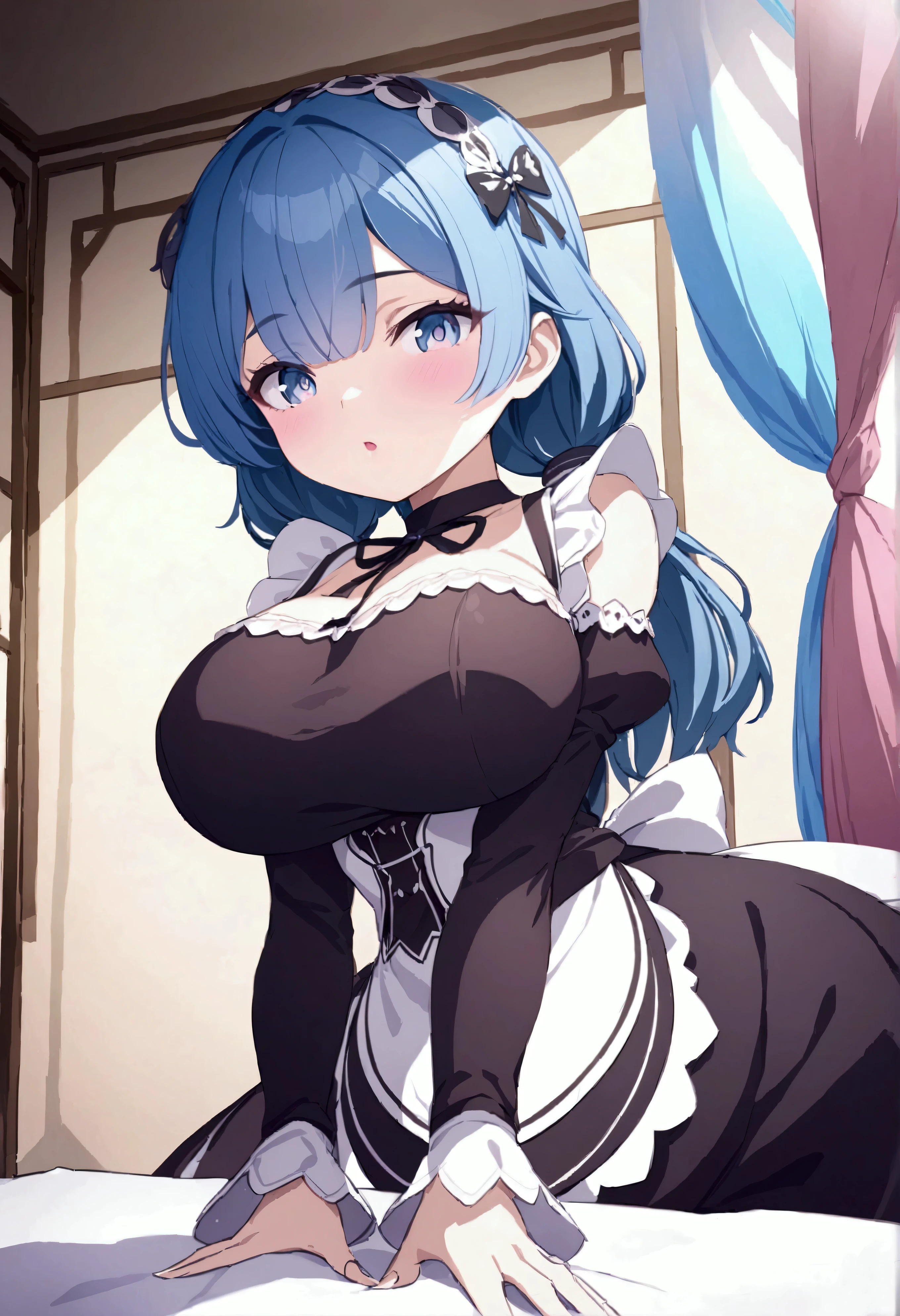 G-Cup　Rem from Re:Zero　masterpiece　highest quality　High resolution　　 Big Breasts　　sexy　Sexual　Nipples　sexy　Adult female　　pink　black　white　Glaring eyes SEX Sexual activity　Bunny costume　Titty fuck  Breasts on tray