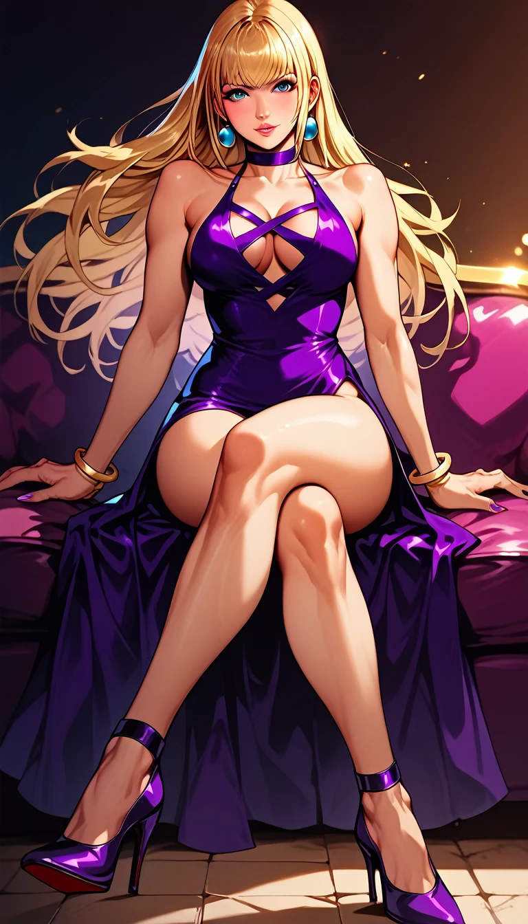 masterpiece,  of high quality, 
  realistic photo  ,  Sacimaer  ,   vibrant colors  ,   Light-Dark Lighting  ,    with cannabis theme  ,
1 woman, inspired by Jenet   ((King of Fighters)))
 long hair, Blonde hair, fringe,   blue eyes
purple dress  ,   thick thighs  , elegant crossed legs,
  sitting on a couch ,   wearing high-heeled shoes,
seductive pose,   dramatic angle  ,