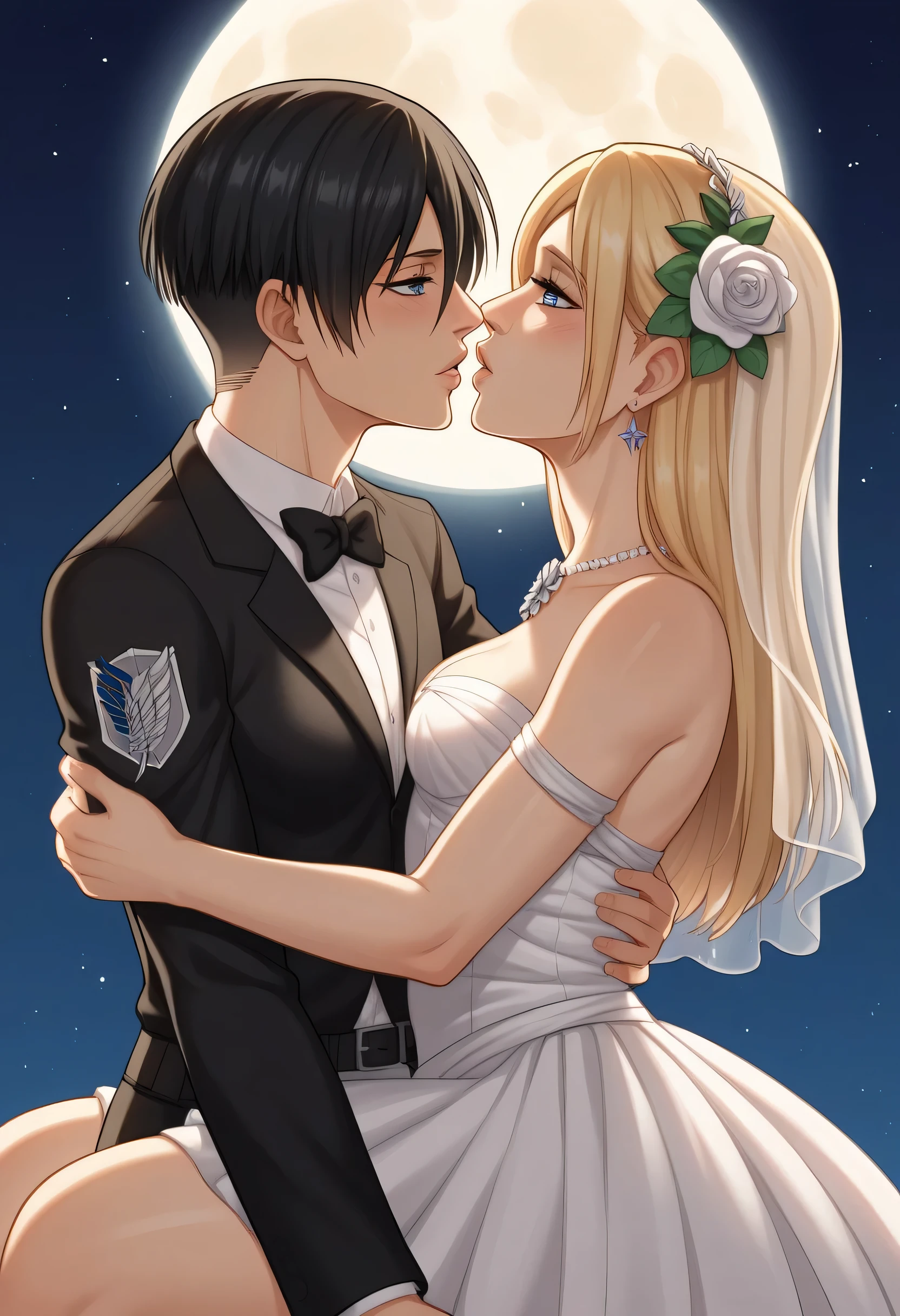 score_9, score_8_up, score_7_up, BREAK source_anime, historia reiss, blue eyes, blonde hair, long hair, medium breasts,Historia  beautiful wedding dress white,female black hair soldier with historia,Mikasa with historia are married ,mikasa wreanig black tuxedo,Mikasa female with short hair,mikasa female medium breasts,in night,moon in sky,mikasa final season,mikasa,Mikasa carries Historia hands،mikasa femboy,mikasa final season,historia blonde hair,mikasa carrying historia,Mikasa and historia in party in middle night,,mikasa final season,girls love,girl×girl,lesbians,yuri,romantic wallpapers,historia and mikasa laughs,both wreanig rings marriage,mikasa pixie cut hairstyle,historia royale wedding dress 👰,preview close character's,mikasa muscle almost appear on her black tuxedo,kissing each other,attack on titan graphics style,historia wearing beautiful royale Earrings, mikasa with tuxedo looks lustfully and manly,Lips sticking together,historia with beautiful wedding dress white jewelry embroidery, historia wearing beautiful pearls necklace,