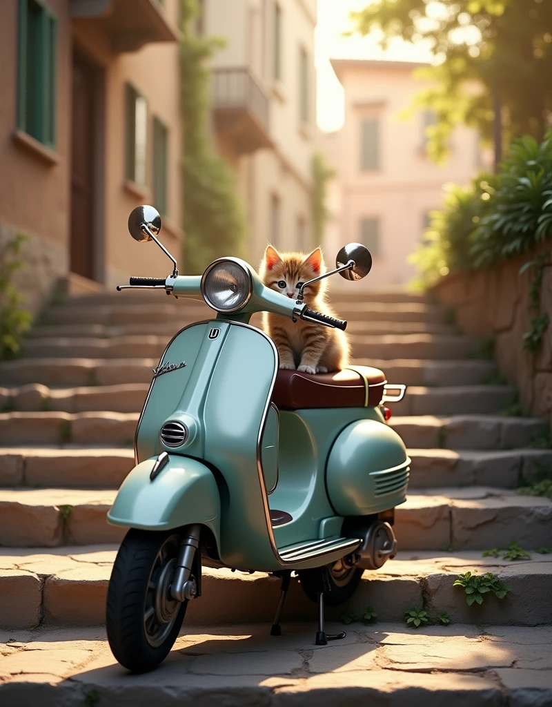 Realistic, theme is "Cat on stone steps", on stone steps in an Italian city, Vespa scooter parked, kitten sitting on the seat of the Vespa, cute, idyllic scene, silence and peace, warm afternoon, sophisticated design, advanced lighting technology, real photo 8K quality