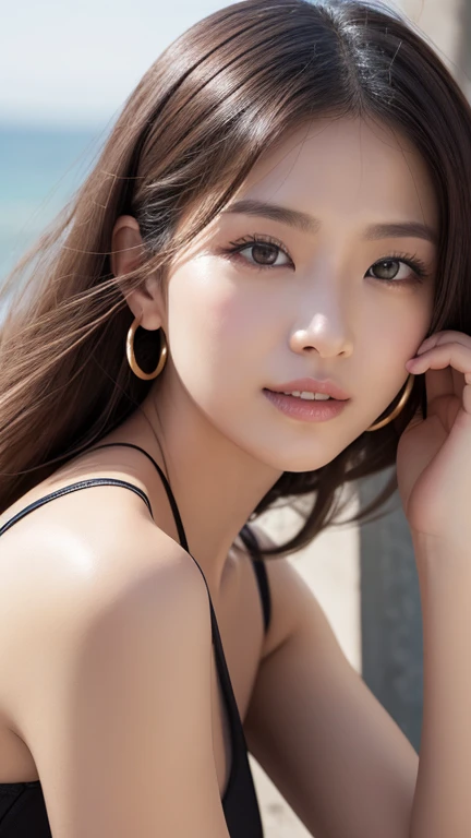 Top-quality Realistic, Official art, Highly detailed CG Unity 8k wallpaper,(masterpiece:1.3), (8k, photorealistic, RAW photo, best quality: 1.4), (1 girl), pretty face, (realistic face), (black hair, medium hair:1.3), beautiful hairstyle, realistic eyes, detailed fine eyes, (realistic skin), beautiful skin, (breasted top), beautiful cleavage, beautiful Mature body, absurd, attractive, super detailed resolution, surreal golden ratio, very detailed, full body, Japanese Idol,(Lemon yellow high cut micro bikini:1.3),BREAK,(Topless style),(micro mini undersized),(Heart shaped necklace),(Triangle ornament earrings),BREAK, (gentle smile like a goddess),(lie on the white sandy beach),(Waikiki Beach with Diamond Head in the background:1.2),lie position,(lying with both knees up),spread legs, (Place both hands on the ground), A fun smile,((sexy model pose)),(close-up), ground level shot