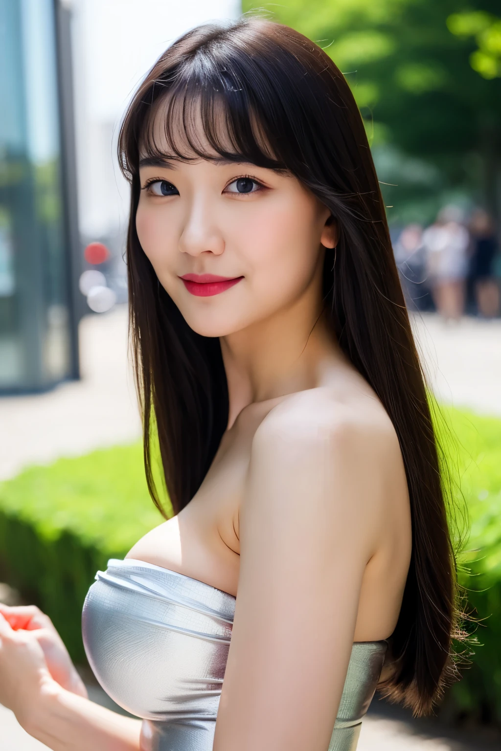 standing, sexy pose, (silver dress), (strapless dress), cleavage, looking at camera, front view, long hair, bangs, (detailed face), (patio background), (night time), tempting pose, potrait body, mouth closed, light smile, black eyes, 1 girl, 20yo,Young female,Beautiful Finger,Beautiful long legs,Beautiful body, Beautiful Nose,Beautiful character design, perfect eyes, perfect face,expressive eyes,perfect balance, (looking at viewer),White skin, (masterpiece:1.0),(best_quality:1.0), ultra high res,4K,ultra-detailed, photography, 8K, HDR, highres, absurdres:1.2, Kodak portra 400, film grain, (vibrant_color:1.2),professional photograph, (Beautiful,huge_Breasts:1.4), (beautiful_face:1.5),(narrow_waist)