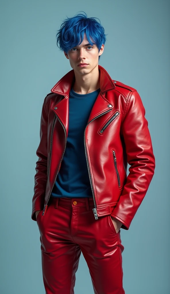 Teenage boy, greeneyes, Red hair, Caucasian skin, freckles on the face, white undershirt, black leather jacket, MILITARY BOOT, jogger pants.