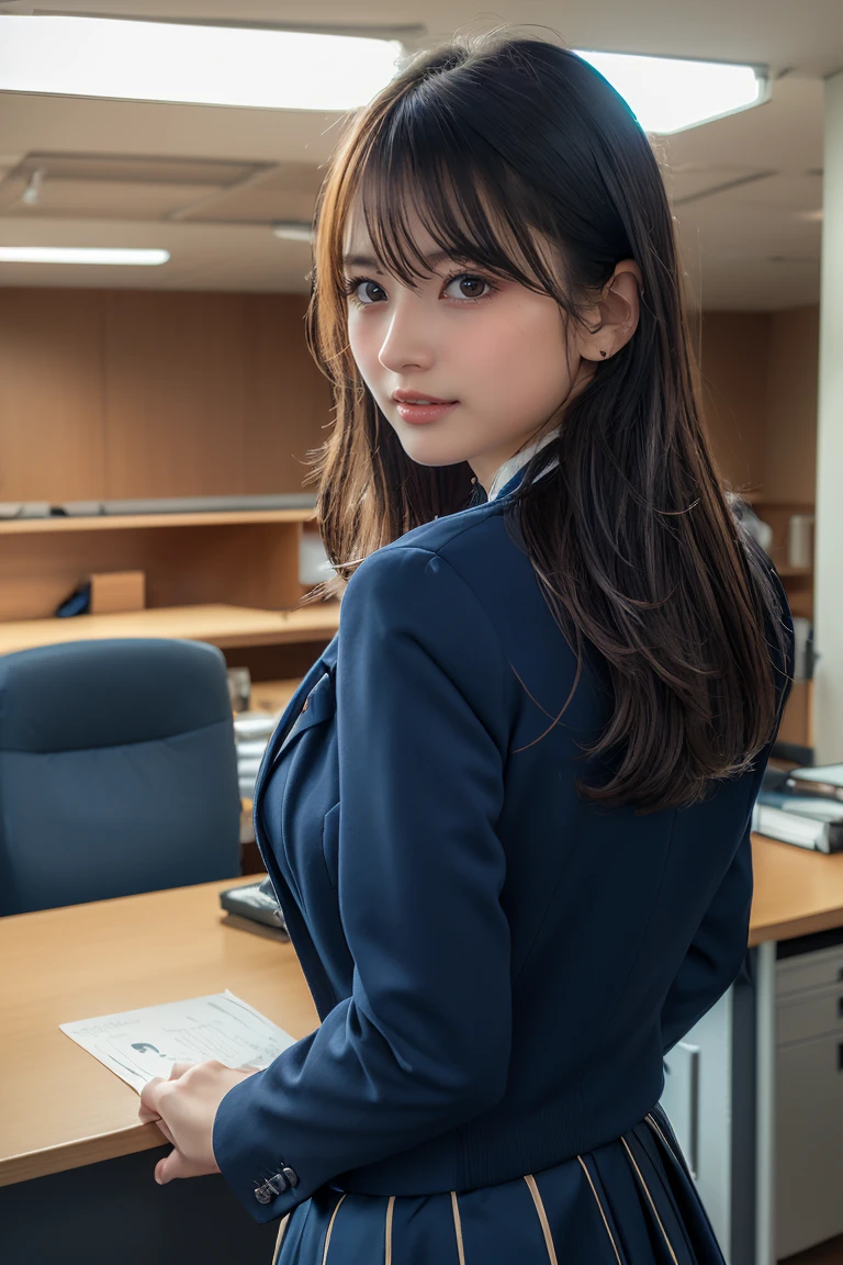 masterpiece、Highest quality、1People Women、Dark gray business suit、Walking、Look up、Medium Hair、Hair tied up at the back of the head、Going to work in the morning、Drip coffee in hand
