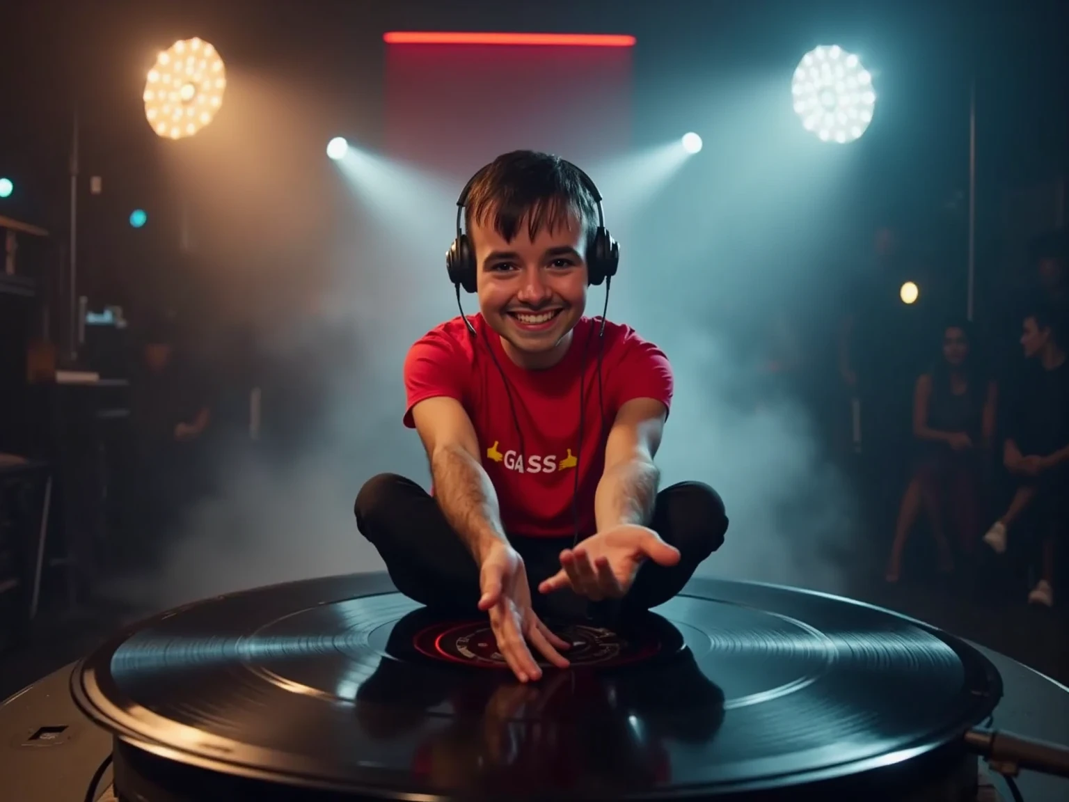 Cinematic 8K shot of a charismatic DJ sitting cross-legged on top of a massive vinyl record, rendered in a stylized caricature-meets-realism style. The vinyl record appears enormous, like a floating platform, with highly detailed grooves and realistic reflections on its black surface. The DJ is captured in perfect detail - slightly exaggerated features with an engaging smile, wearing professional headphones, his proportions stylized but with hyperrealistic texture in skin, clothing, and accessories. His face is prominently featured with expressive eyes and a confident smile, while his body maintains a relaxed, cool posture on the record. The vinyl slowly spins beneath him, creating dynamic reflections and light plays. Epic studio lighting with dramatic rim lights outlining the DJ and the record's edges, atmospheric fog adding depth and mystery. Multiple light sources create stunning highlights on the vinyl's surface. Shot from a slightly elevated front angle to capture both the DJ's detailed features and the impressive scale of the vinyl. Professional photography style with rich contrast and color grading, captured on ARRI Alexa camera with anamorphic lens, shallow depth of field focusing on the DJ while maintaining environmental clarity. The scene combines playful cartoonish proportions with photorealistic textures and cinematic lighting, creating a surreal yet believable atmosphere