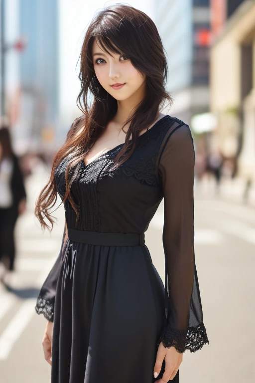 Japanese model in a black dress posing in front of the city, anime girl cosplay, anime cosplay, Gorgeous cosplay,  gothic pretty girl anime girl , elegant glamourous cosplay,  Anime Characters;glamourous cosplay, Professional Cosplay,  looking at camera、Detailed and beautiful eyes、Cute smile、 soft and gentle expression 