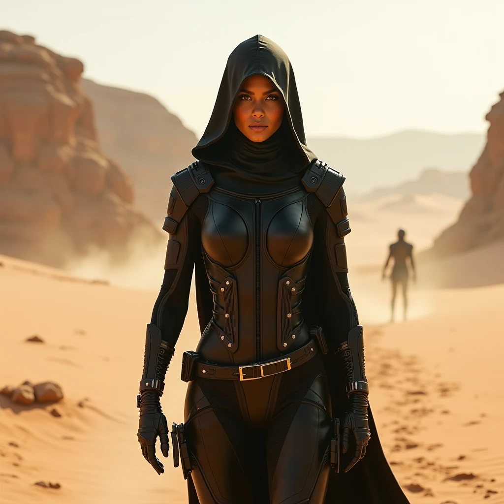 humanoid, android parts, human face, female features, middle east features, dark skin, large gun, real color photograph, futuristic elements, old building, plenty of solar light, close