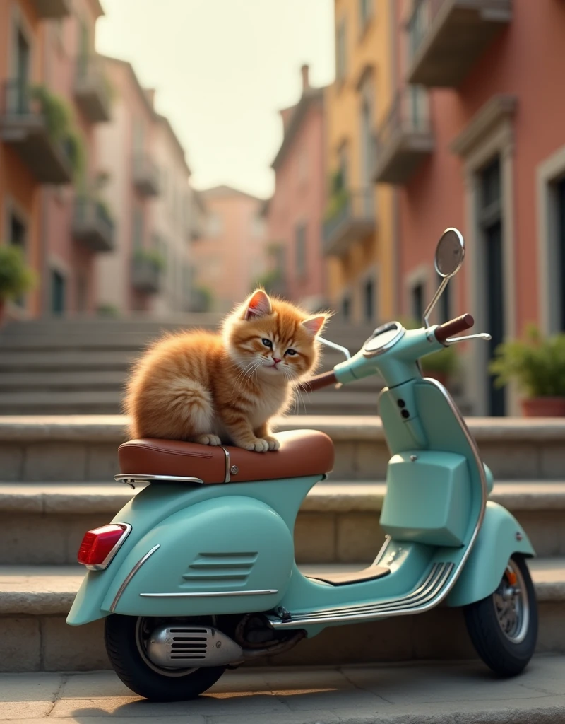 Realistic, theme is "Cat on stone steps", on stone steps in an Italian city, Vespa scooter parked, kitten sitting on the seat of the Vespa, cute, idyllic scene, silence and peace, warm afternoon, side view, sophisticated design, advanced lighting techniques, real photo 8K quality