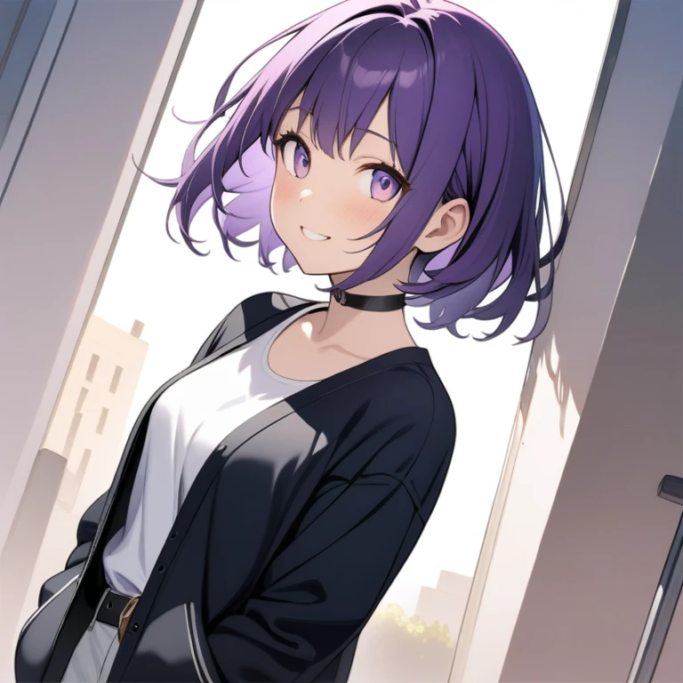  1 girl, Purple Hair,Bob Hair,    medium breasts,(  white tank top:1.4), Grey shorts  ,   black choker  ,black belt,(((Black cardigan))),Oblique eyes,  light purple eyes,   close your mouth, happiness/joy,   charming smile,  look up ,  is standing,Put your hands in your jacket pockets, simple background, Around town,Knight ,The moon is out,Best Quality,   anatomically accurate , masterpiece, 