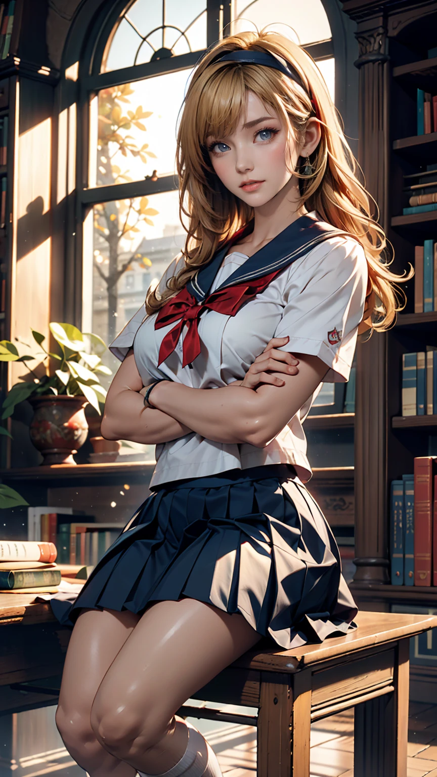 ((masterpiece,Best Quality,  Hi-Res)),  1 girl, Alone, green eyes,  long blonde hair tied with blue ribbon,  short bang ,  sitting, Arms folded on the table, Sleeping with arms crossed,  school uniform,  white sailor suit , Red sailor color ,  Short Sleeve ,  White Pleated Skirt, ( in the library ),  Dramatic Light , By the window, afternoon light through the window, afternoon, Bokeh effect、indigo headband 