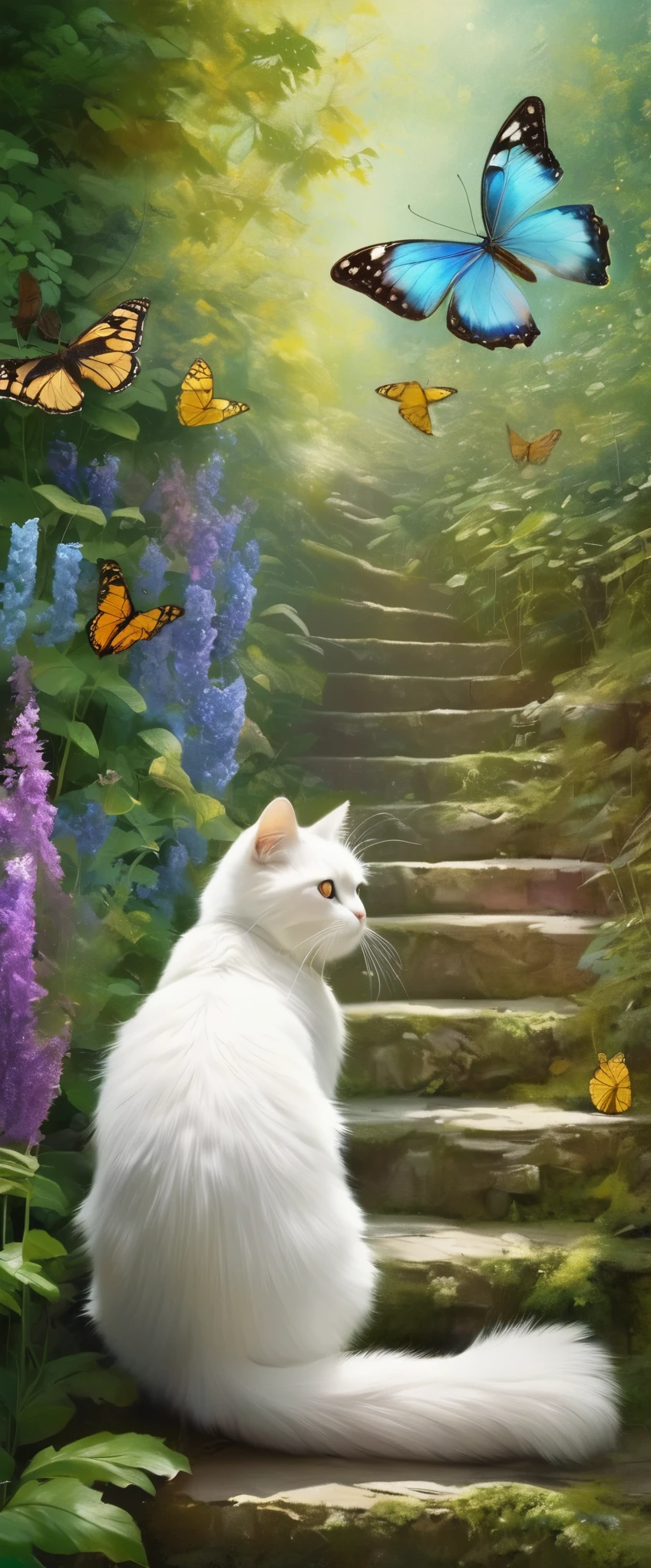  general plan ,  a little far away the photograph ,  beautiful white furry pompous cat , cyan eyes,  following a large and beautiful butterfly of various colors , tender image, idyllic magic ,  climbing old stone stairs with some moss,  wild flowers on the edges of the stairs , tall grass,  leafy trees on the sides ,  fairytale illustration is ,  Color Field Painting , Minimalism, UHD, Retina, masterpiece, Accurate,  Anatomically Correct , textured skin, Super detail, high details,  high quality ,  award winning , best quality, highres, 1080P, HD, 16K