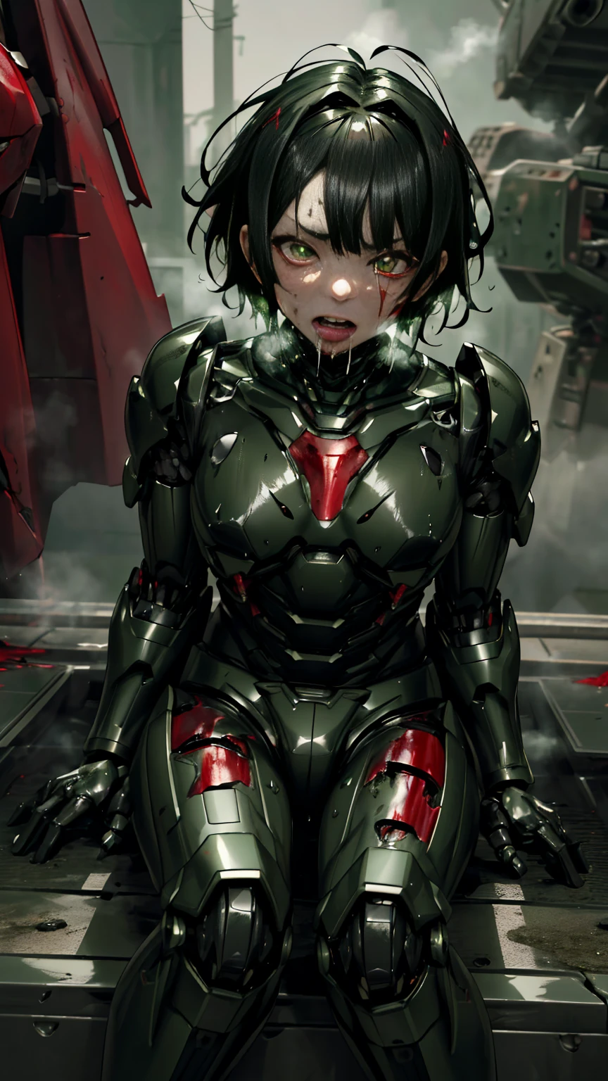 Rough skin,    very detailed ,  's Graveyard More Details  ,    high quality, 最   high quality,    kampala, 1080P 、 bleeding from the wound 、Red Armor、Wearing red and black、cute((Severe damage to the entire body))(    wear a damaged women's robot suit ...)(Red Armor)(Broken Armor)   Black Hair   、、  short hair、 Wet 、  open your mouth、Sweaty face、It hurts again、cute、、   drool  ing from the mouth、  Female adult  　　( Face dressed in green and black   ) ((    steam from the body    ))   sit on a chair with your crotch spread 　  Peeing from the vagina　   drool  　  　pain　You can't wear anything on your head 　 Unkempt Hair 