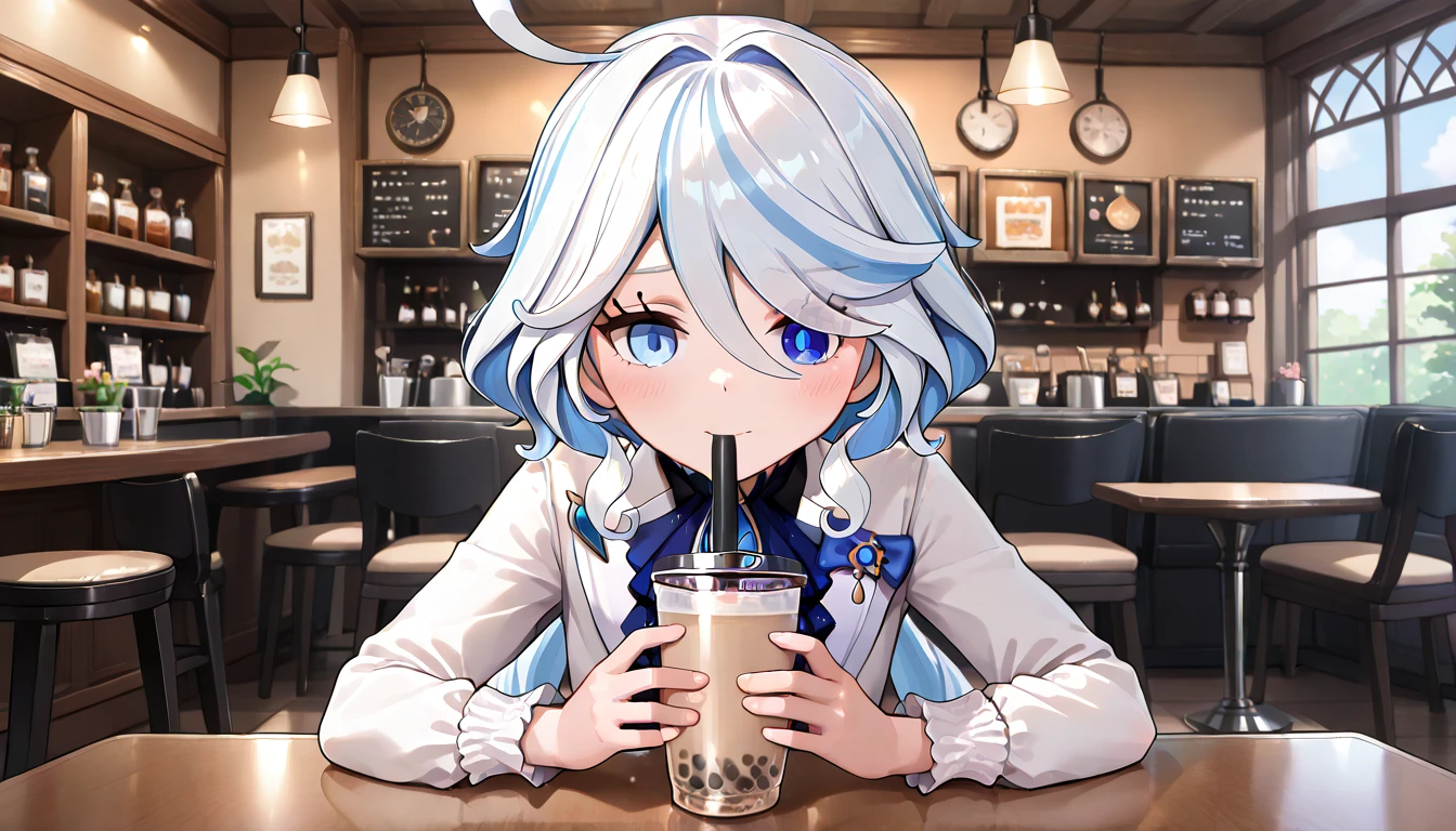 ((top quality)),((masterpiece)),((perfect face)),(ultra-detailed),ultra high res, 8k, 1girl, furina (genshin impact), bubble tea, cafe, white hair, exquisite, (very aesthetic:1.2), (absurdres:1.2), (detailed background),newest, perfect anatomy, 