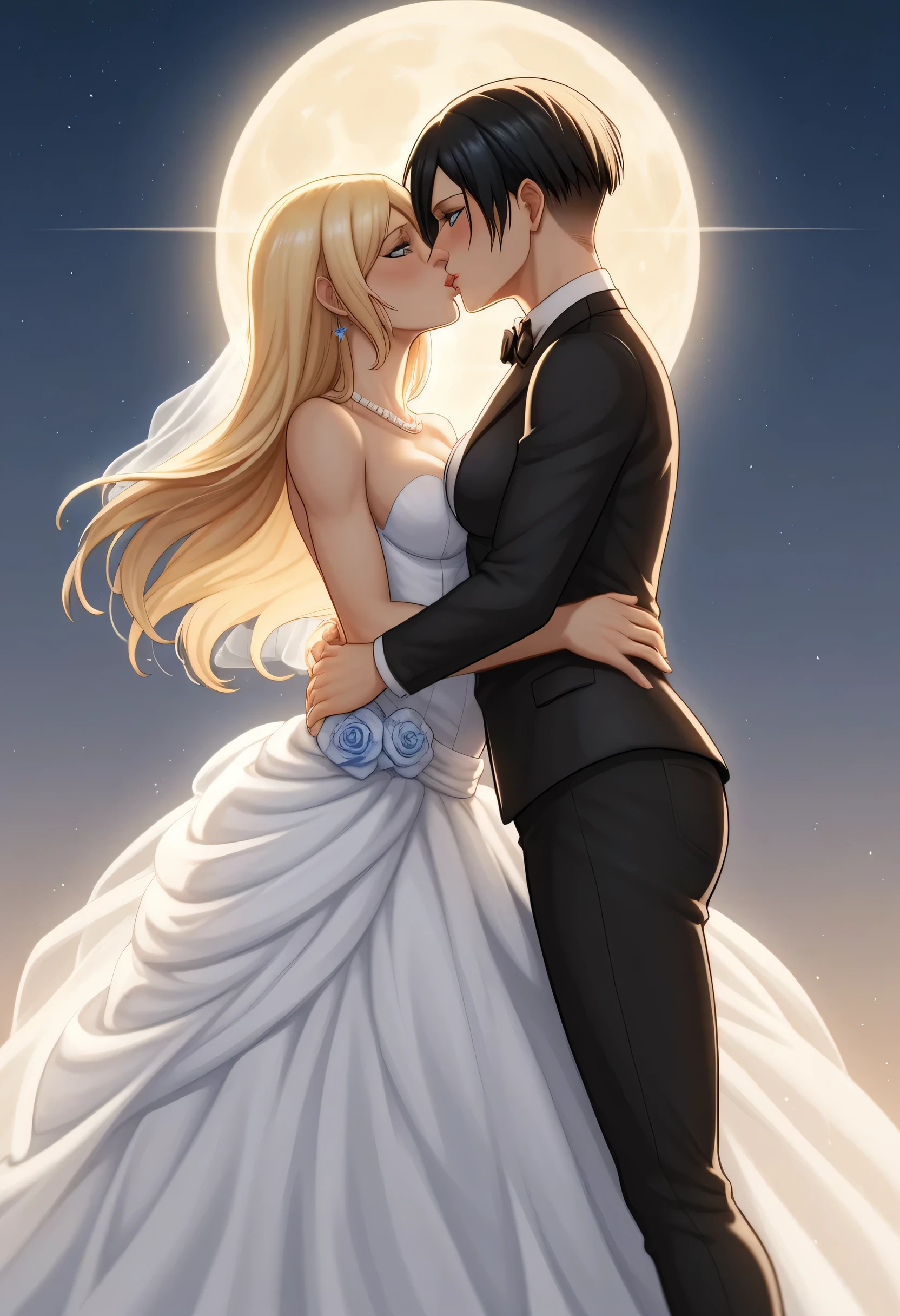 score_9, score_8_up, score_7_up, BREAK source_anime, historia reiss, blue eyes, blonde hair, long hair, medium breasts,Historia  beautiful wedding dress white,female black hair soldier with historia,Mikasa with historia are married ,mikasa wreanig black tuxedo,Mikasa female with short hair,mikasa female medium breasts,in night,moon in sky,mikasa final season,mikasa,Mikasa carries Historia hands،mikasa femboy,mikasa final season,historia blonde hair,mikasa carrying historia,Mikasa and historia in party in middle night,,mikasa final season,girls love,girl×girl,lesbians,yuri,romantic wallpapers,historia and mikasa laughs,both wreanig rings marriage,mikasa pixie cut hairstyle,historia royale wedding dress 👰,preview close character's,mikasa muscle almost appear on her black tuxedo,kissing each other,attack on titan graphics style,historia wearing beautiful royale Earrings, mikasa with tuxedo looks lustfully and manly,Lips sticking together,historia with beautiful wedding dress white jewelry embroidery, historia wearing beautiful pearls necklace,character's very white skin,4k,60fps