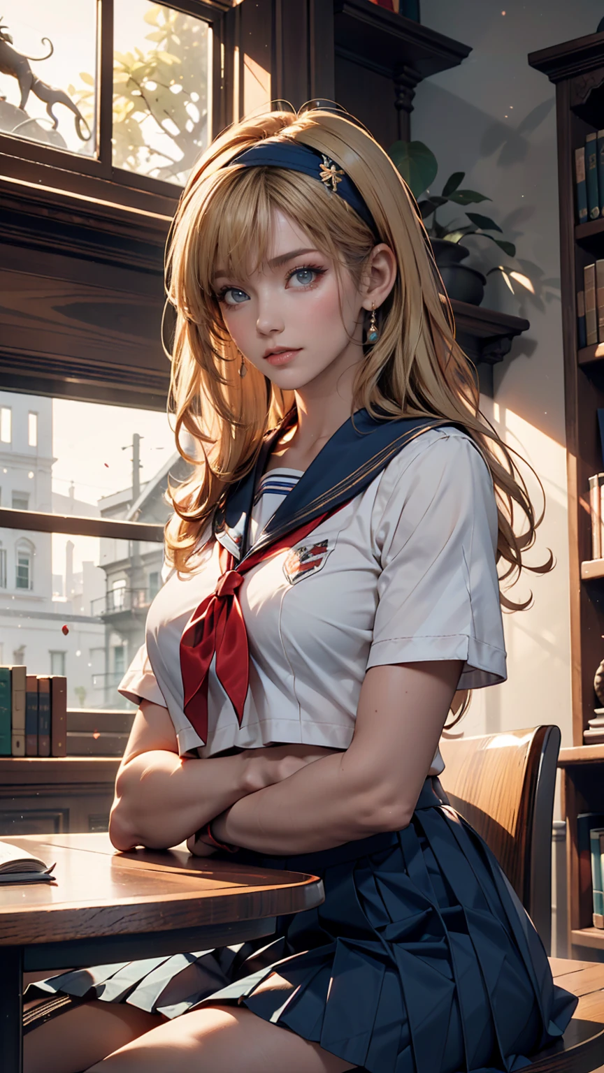 ((masterpiece,Best Quality,  Hi-Res)),  1 girl, Alone, green eyes,  long blonde hair tied with blue ribbon,  short bang ,  sitting, Arms folded on the table, Sleeping with arms crossed,  school uniform,  white sailor suit , Red sailor color ,  Short Sleeve ,  White Pleated Skirt, ( in the library ),  Dramatic Light , By the window, afternoon light through the window, afternoon, Bokeh effect、indigo headband 