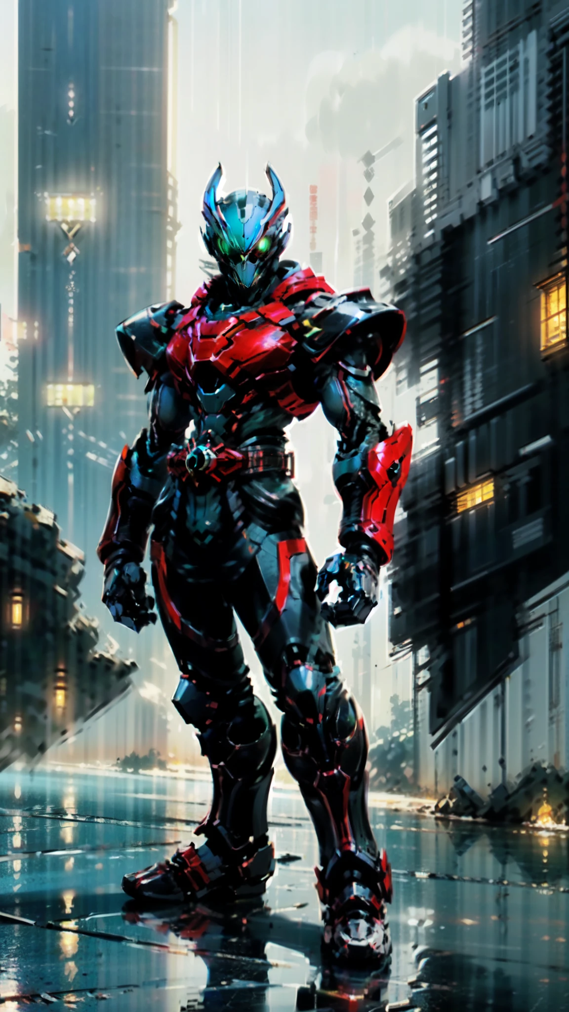 (masterpiece:1.5, best quality:1.5, extremely delicate:1.5), ((male:1.5)), a man wearing a full-face helmet, green eyes, fantasy-style high-tech biomimetic armored combat suit, (a composite layered chest armor), the design balances heavy with agility, fully enclosed shoulder guards, matching arm and leg guards, a belt of gemstone, (the color scheme is primarily White with Blue and Red accents, Organic Biotech, Concept Inspired by Skull, glowing eyes, armor glows, stand of a futuristic sci-fi city), this character embodies a finely crafted fantasy-style armored hero in anime style, exquisite and mature art style, metallic, high definition, highres, ultra-detailed, ultra-fine painting, professional, perfect body proportions, golden ratio, anatomically correct, symmetrical face, extremely detailed eyes and face, high quality eyes, creativity, RAW photo, UHD, 32k, Natural light, cinematic lighting, masterpiece-anatomy-perfect