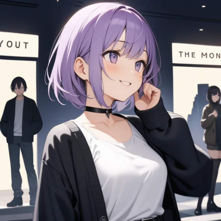  1 girl, Purple Hair,Bob Hair,    medium breasts,(  white tank top:1.4), Grey shorts  ,   black choker  ,black belt,(((Black cardigan))),Oblique eyes,  light purple eyes,   close your mouth, happiness/joy,   charming smile,  look up ,  is standing,Put your hands in your jacket pockets, simple background, Around town,Knight ,The moon is out,Best Quality,   anatomically accurate , masterpiece, 