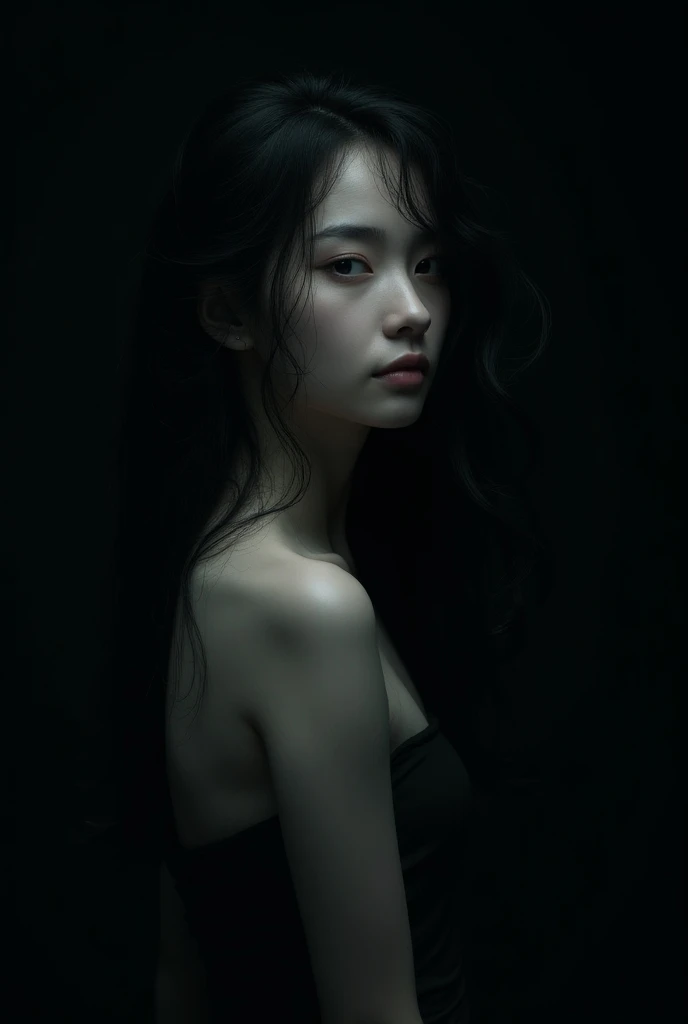 Polychrome, 1girl, night, dark, black hair, looking at viewer, upper body, facing viewer, limited palette, black background, glowing,
