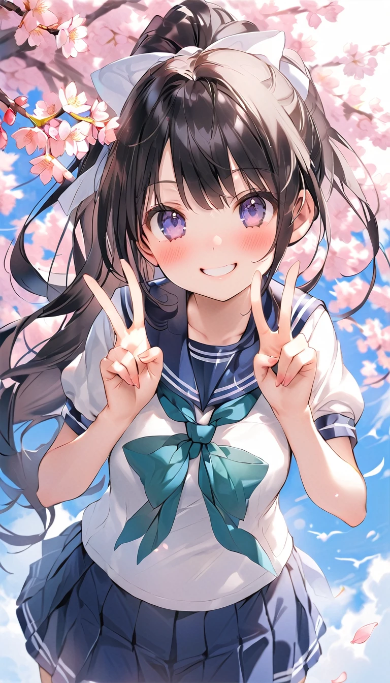 Beauty　smile　 Black Hair 　 ponytail　Embarrassed　blush　 sailor suit　skirt　stand　cherry blossoms　School route　Strong winds　Pure white underwear　  peace sign　  Please take a picture of your whole body 