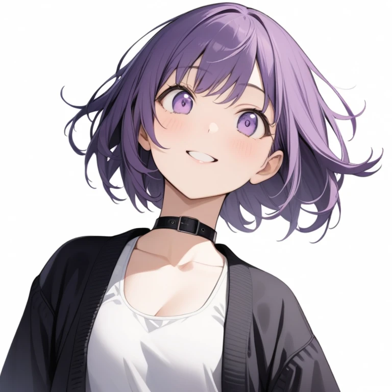  1 girl, Purple Hair,Bob Hair,    medium chest,(  white tank top:1.4), Grey shorts  ,   black choker  ,black belt,(((Black cardigan))),Oblique eyes,  light purple eyes,   close your mouth, happiness/joy,   charming smile,  look up ,  is standing,Put your hands in your jacket pockets, simple background, Around town,Knight ,The moon is out,Best Quality,   anatomically accurate , masterpiece, 