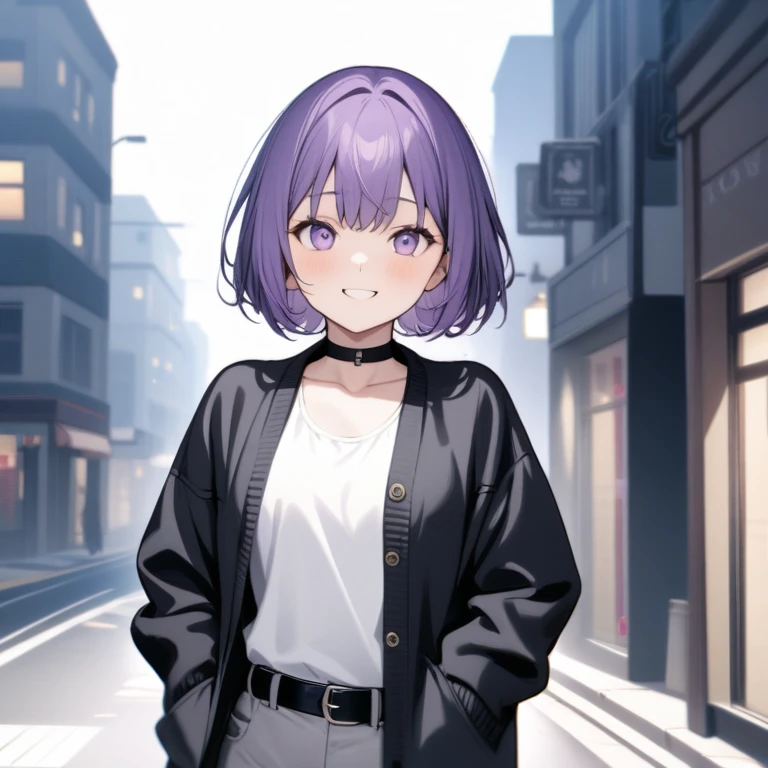  1 girl, Purple Hair,Bob Hair,    medium chest,(  white tank top:1.4), Grey shorts  ,   black choker  ,black belt,(((Black cardigan))),Oblique eyes,  light purple eyes,   close your mouth, happiness/joy,   charming smile,  look up ,  is standing,Put your hands in your jacket pockets, simple background, Around town,Knight ,The moon is out,Best Quality,   anatomically accurate , masterpiece, 