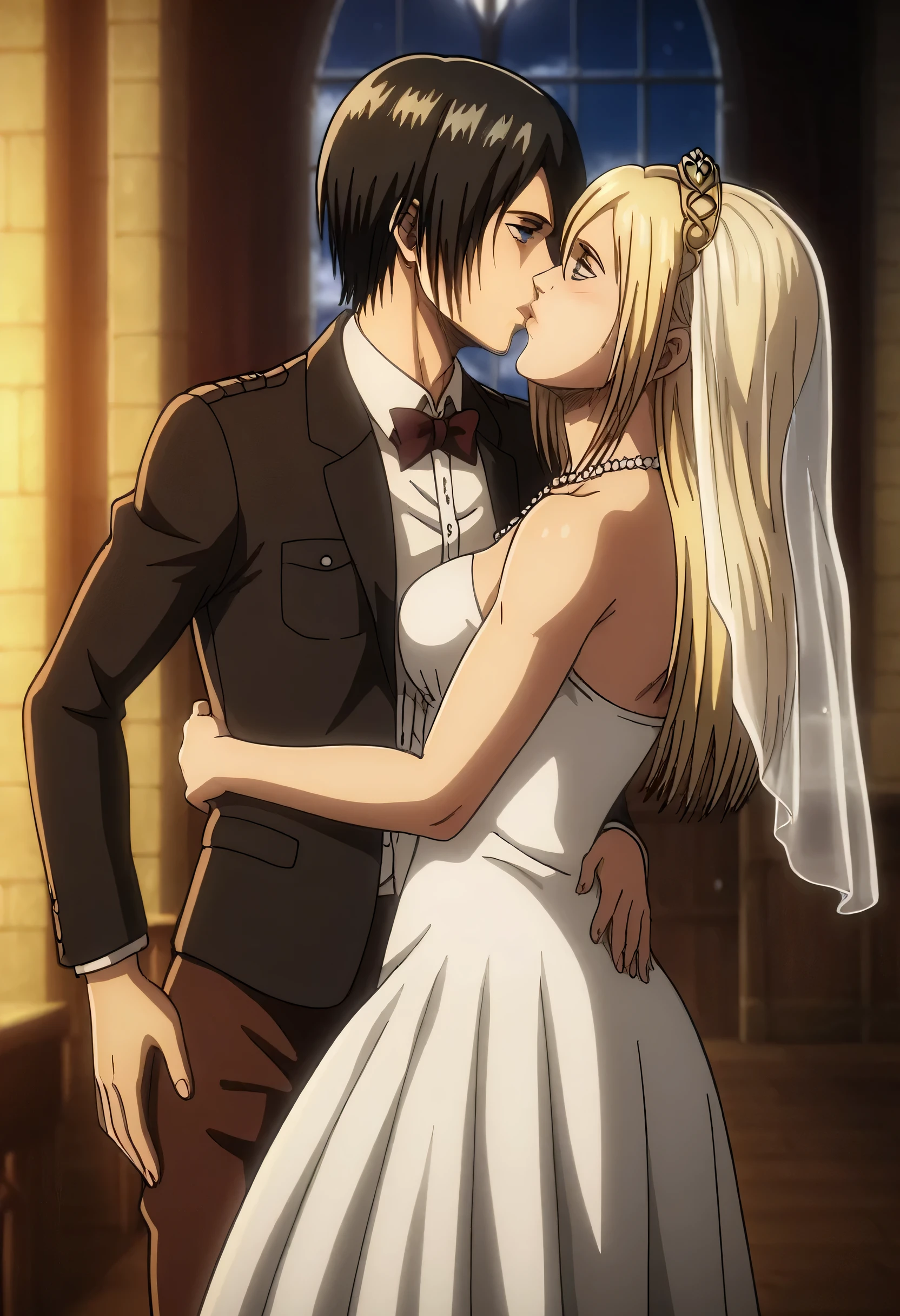 score_9, score_8_up, score_7_up, BREAK source_anime, historia reiss, blue eyes, blonde hair, long hair, medium breasts,Historia  beautiful wedding dress white,female black hair soldier with historia,Mikasa with historia are married ,mikasa wreanig black tuxedo,Mikasa female with short hair,mikasa female medium breasts,in night,moon in sky,mikasa final season,mikasa,Mikasa carries Historia hands،mikasa femboy,mikasa final season,historia blonde hair,mikasa carrying historia,Mikasa and historia in party in middle night,,mikasa final season,girls love,girl×girl,lesbians,yuri,romantic wallpapers,historia and mikasa laughs,both wreanig rings marriage,mikasa pixie cut hairstyle,historia royale wedding dress 👰,preview close character's,mikasa muscle almost appear on her black tuxedo,kissing each other,attack on titan graphics style,historia wearing beautiful royale Earrings, mikasa with tuxedo looks lustfully and manly,Lips sticking together,historia with beautiful wedding dress white havd jewelry embroidery, historia wearing beautiful pearls necklace,character's very white skin,4k,60fps