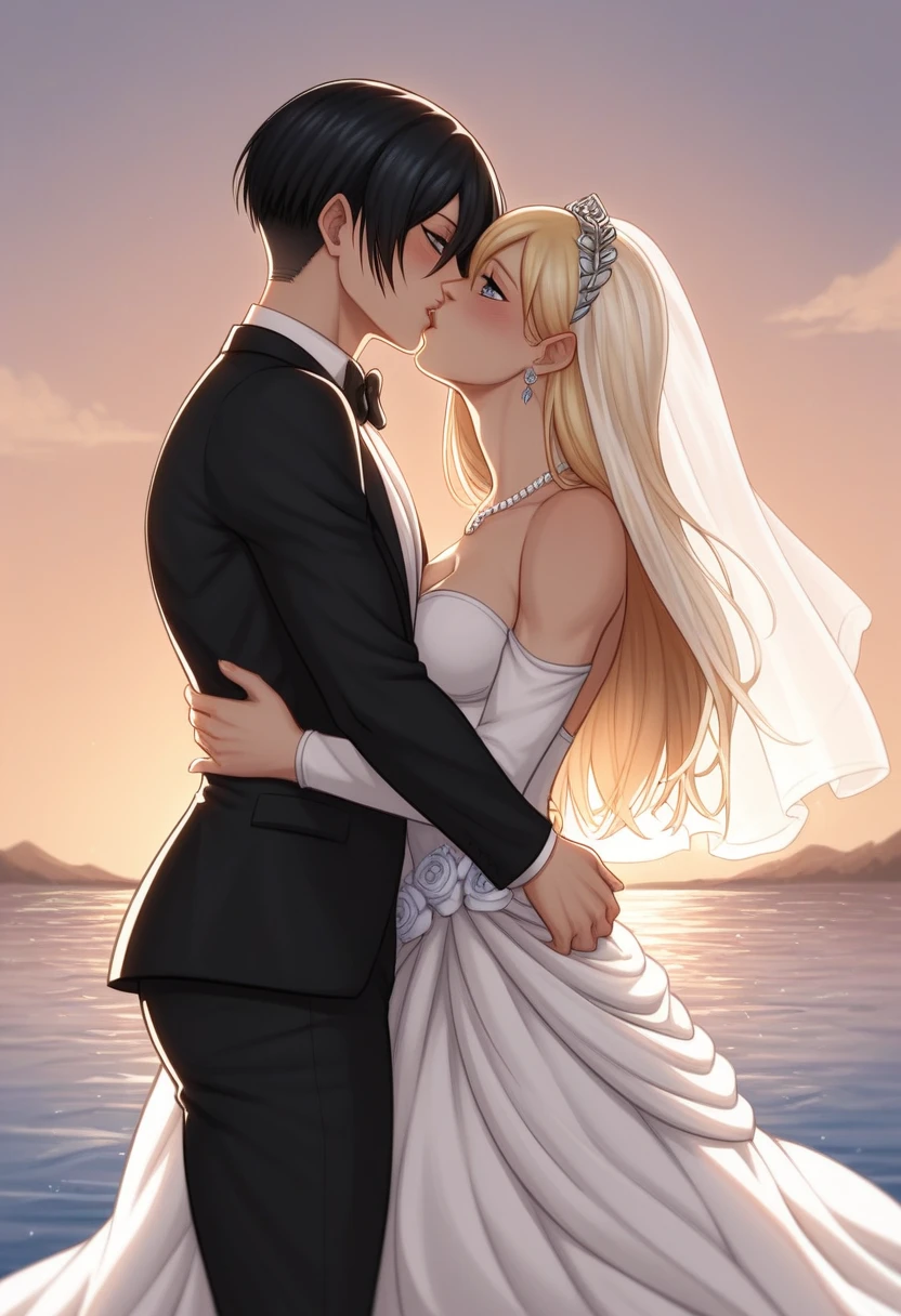 score_9, score_8_up, score_7_up, BREAK source_anime, historia reiss, blue eyes, blonde hair, long hair, medium breasts,Historia  beautiful wedding dress white,female black hair soldier with historia,Mikasa with historia are married ,mikasa wreanig black tuxedo,Mikasa female with short hair,mikasa female medium breasts,in night,moon in sky,mikasa final season,mikasa,Mikasa carries Historia hands،mikasa femboy,mikasa final season,historia blonde hair,mikasa carrying historia,Mikasa and historia in party in middle night,,mikasa final season,girls love,girl×girl,lesbians,yuri,romantic wallpapers,historia and mikasa laughs,both wreanig rings marriage,mikasa pixie cut hairstyle,historia royale wedding dress 👰,preview close character's,mikasa muscle almost appear on her black tuxedo,kissing each other,attack on titan graphics style,historia wearing beautiful royale Earrings, mikasa with tuxedo looks lustfully and manly,Lips sticking together,historia with beautiful wedding dress white havd jewelry embroidery, historia wearing beautiful pearls necklace,character's very white skin,4k,60fps