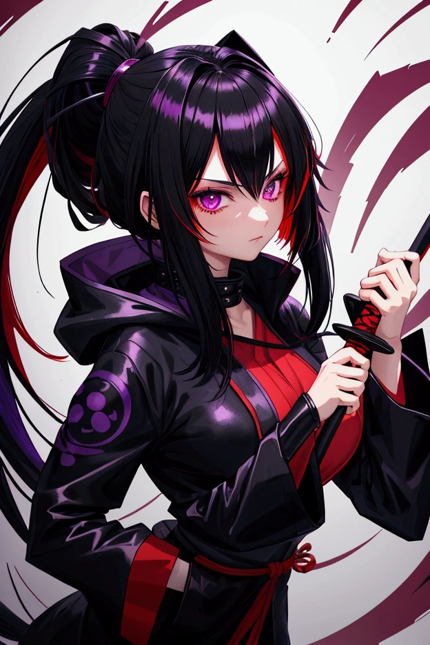 Highly detailed, High Quality, Masterpiece, beautiful, sharp focus, shiny skin, best quality, perfect anatomy:1.4, high detailed, 8k, highres, lineart, sketch, (masterpiece:1.4), (highest quality:1.4), (sharp focus:1.2), (colored:1.3), (digital painting:1.1), 8k wallpaper, (tight gap:1.2), (detailed face and eyes:1.2), (1girl, solo:1.5), (booba sword:1.4), (cowboy shot:1.1), cleavage, <lora:Pos_BoobaSword:0.8>, nice hands, perfect hands, <lora:Other_EnvyBetterHands:1>, Lucia, Twintails, Black hair, red eyes, multicolored hair, black jacket, open jacket, black dress, mechanical arms, <lora:Char_PunishingGreyRaven_Lucia:0.5>
