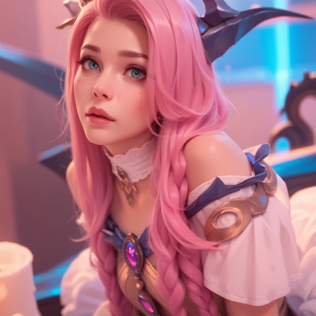 score_7_up, score_8_up, score_9, masterpiece, perfect face, perfect hands, perfect eyes, high quality, realistic, (realistic skin:1.2), 1 girls, SeraphineLoLXL, blue eyes, pink hair, bangs, hair ornament, very long hair, shiny hair, star (symbol), earrings, medium breasts, choker, white jacket, puffy short sleeves, purple dress, wings, white gloves, skirt, belt, white thighhighs, brown boots, POV, licking dick, on bed, on top of viewer, licking scrotum , close up, cum dripping from mouth, cum dripping