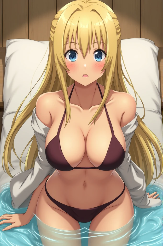 highest quality, High resolution, (huge breasts:1.2), whimsical tierage, blonde hair, green eyes, hair intake, long hair, low-tied long hair, Glasses, blush, embarrassing, (((full nude)))large breasts, nipples, blush cheeks, breath, sweat, undressing, BREAK hetero, (hetero couple),(sex:1.5),(vaginal),spread legs,lying,on back,penis,cum in pussy, (focus on girl), nsfw, cowgirl position