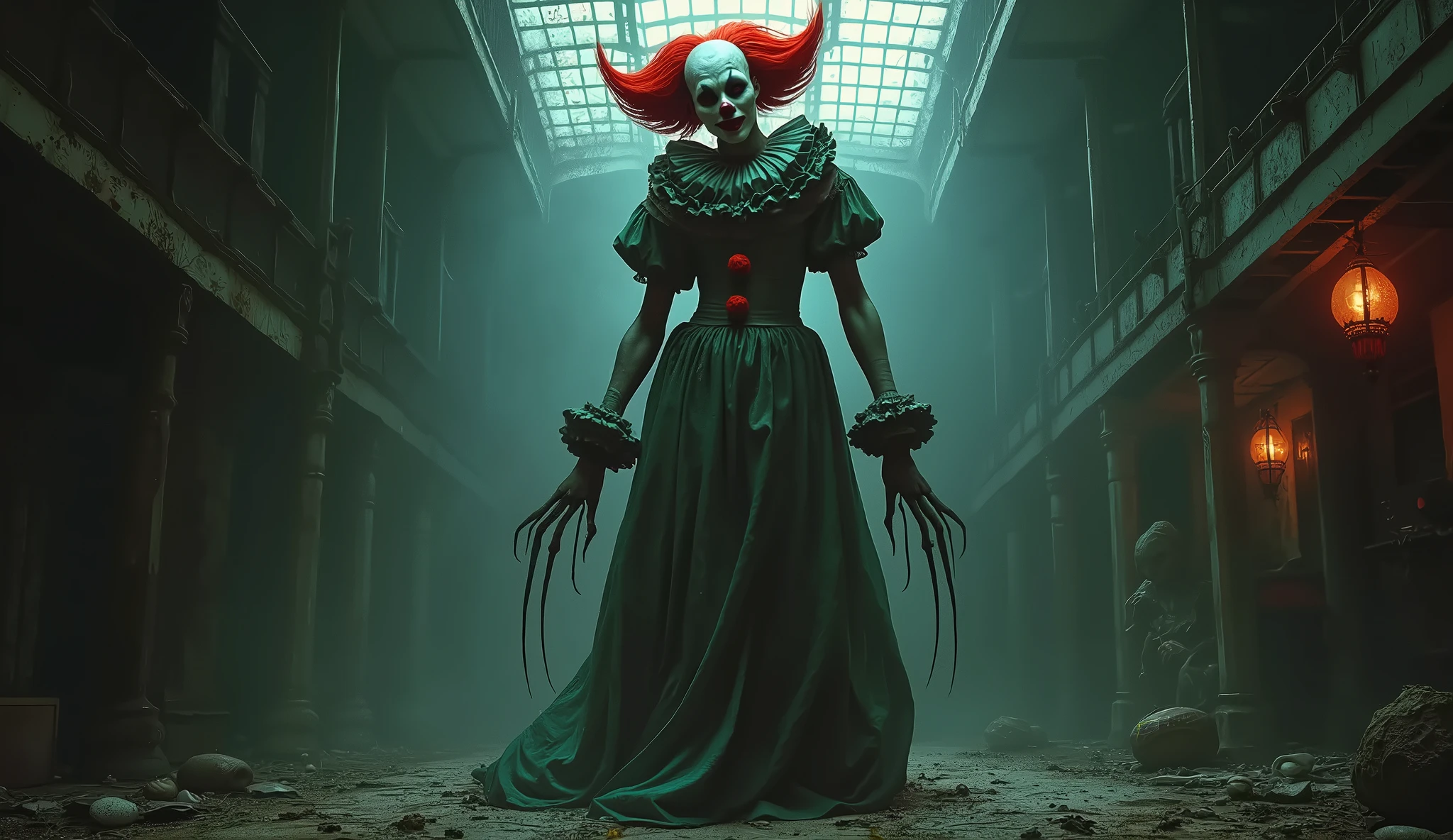 Pennywise woman,in the form of a white-skinned demon with demon horns and red clothing