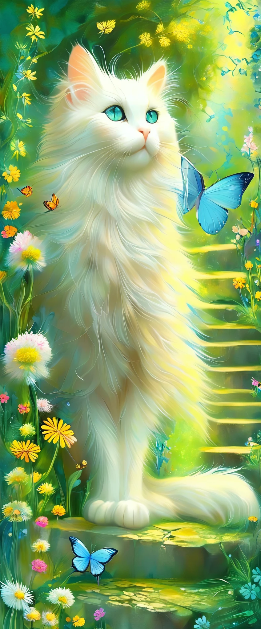  general plan ,  a little far away the photograph ,  beautiful white furry pompous cat , cyan eyes,  following a large and beautiful butterfly of various colors , tender image ,idyllic magic ,  climbing old stone stairs with some moss,  wild flowers on the edges of the stairs , tall grass,  leafy trees on the sides ,  fairytale illustration is 