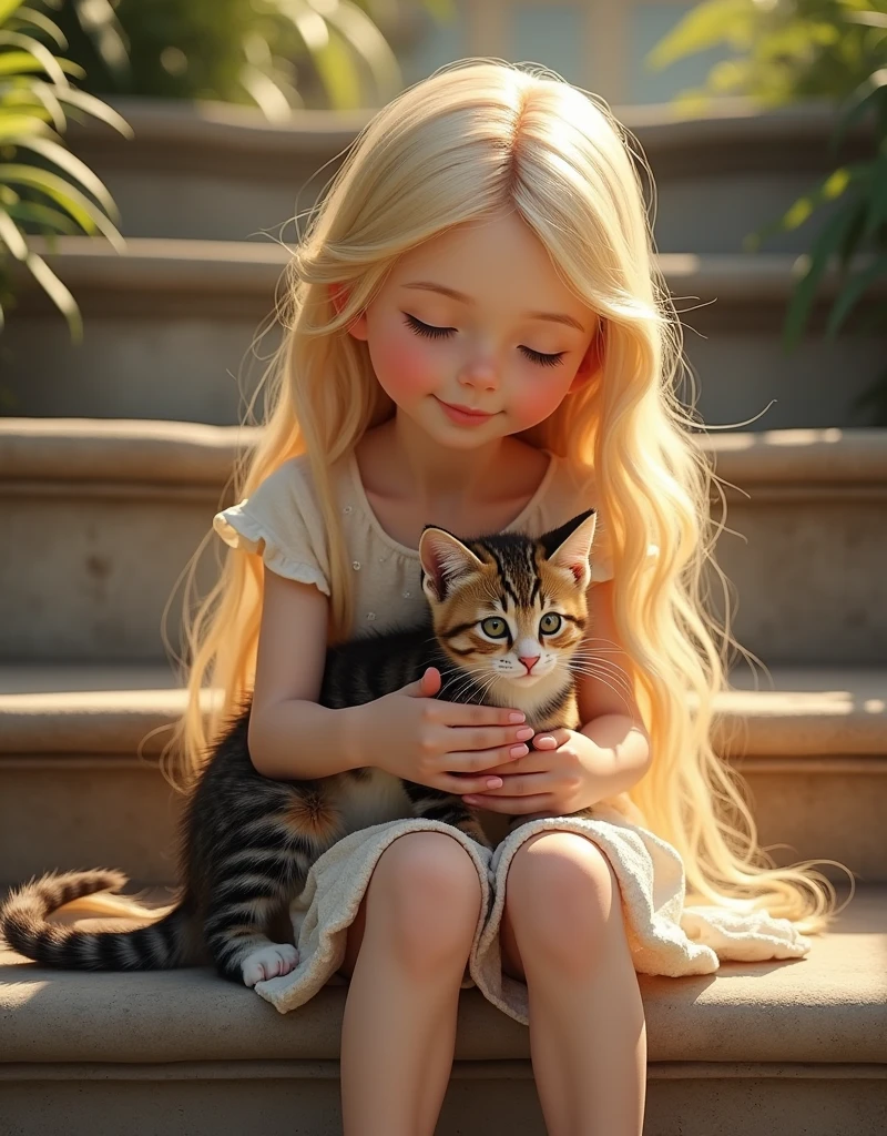 Realistic, theme is "Cat on the Stone Steps", a blonde girl is sitting on the stone steps with a kitten on her lap, very cute, the kitten is a calico cat, the beautiful fur shines in the sunlight, a heartwarming scene, sophisticated design, advanced lighting technology, real photo 8K quality