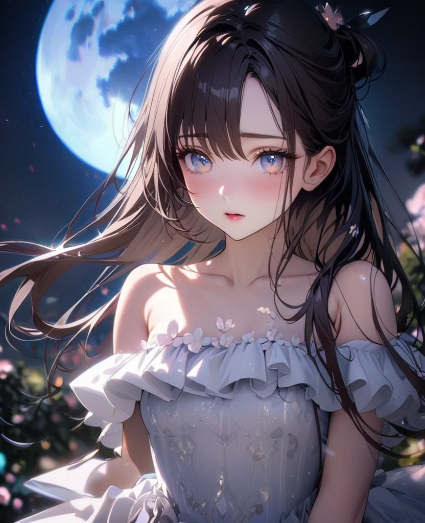 Black Hair Girl、Braid、Upper body naked、Cute girl、Blushing、A night when the moon shines brightly｟naked, Cover your chest with your arms、Lake of the moonlit night、The girl is in water up to her waist、Cleavage、Beautiful in the moonlight、Girl's skin｠