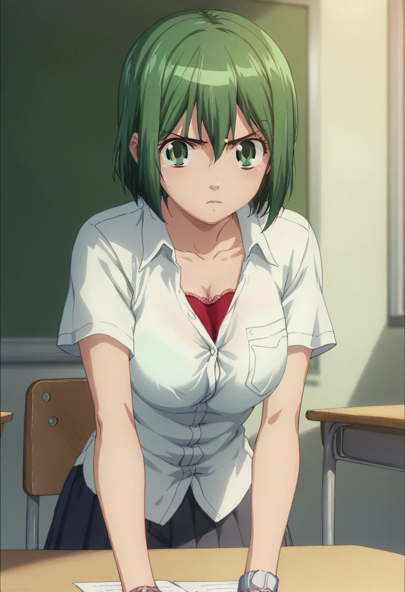 masterpiece、Best Quality、 1 girl、manami kinjuo (Let's go play)，bob hair short、Harsh face、Hindhair first、Green Hair、Green Eyes、Tomboy、short sleeve school shirt with open neck、Red Bra、Big Breasts、 school miniskirt 、 straight hair6-yold g、 anime style、 official art、In a high school classroom 、