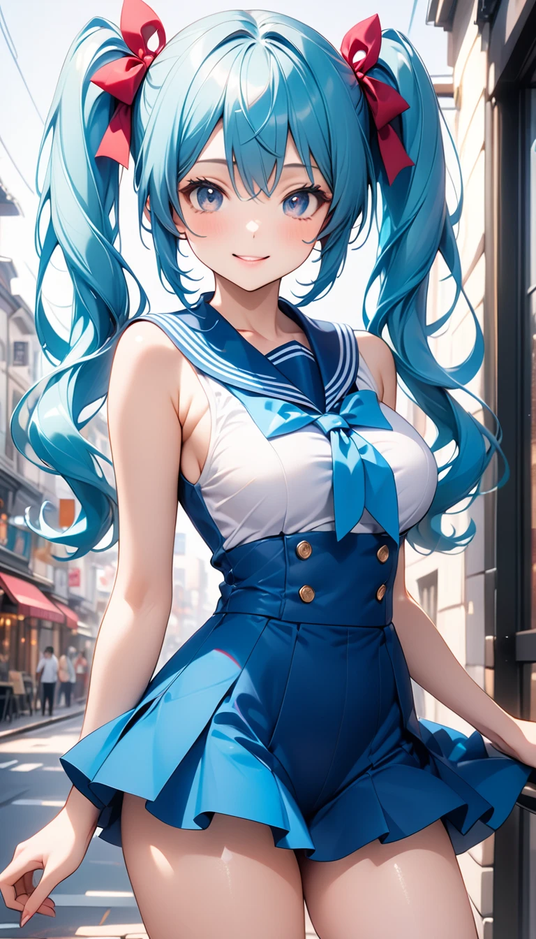  Hatsune Miku、 Blue Twin Tails、Vivid Colorsolo , masterpiece, Best Quality, Best Quality, 16k,  unbelievably weird,  Very Detailed, 2.5D, AI-generated, Delicate and dynamic,  Very delicate facial expression, Delicate eye depiction,, Only sexy woman, ((A cute and kind face)), Healthy body shape, ((25-year-old woman)), Height: 160cm,Super Breasts Swaying Bust , (( thin thighs)),   (( shiny )),  facing the viewer, smile,  sailor suit, Around town、(Dutch Corner),