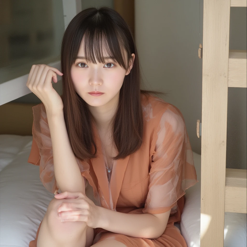  open shirt , ((( forward slack ))), ((Round face, Surrounding Area , miniskirt、Loose bust)),  Long Hair, ,   natural makeup, Lips become thicker, Sweet Gaze, 裸feet, (( feet )),  Shooting from below,  sweet expression  ,((  extremely accurate and accurate anatomy )),  (masterpiece:1.43),   tied behind and in perfect proportions ,  pictures,  full shot , whole body, (: 157cm), 