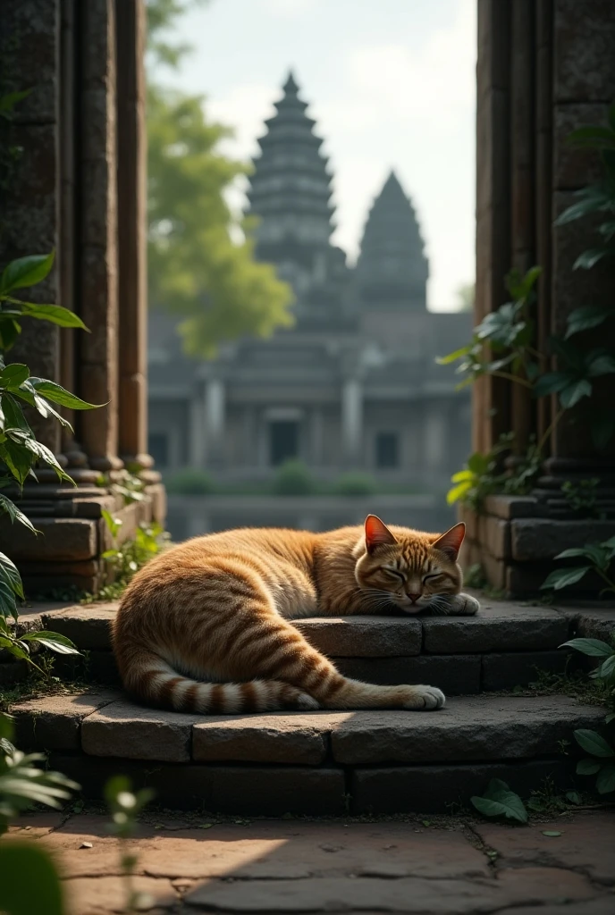 ((masterpiece, highest quality, Highest image quality, High resolution, photorealistic, Raw photo, Extremely detailed CG unified 8k wallpaper)), Cat at Angkor Wat, ancient temple ruins, cat sleeping on stairs,