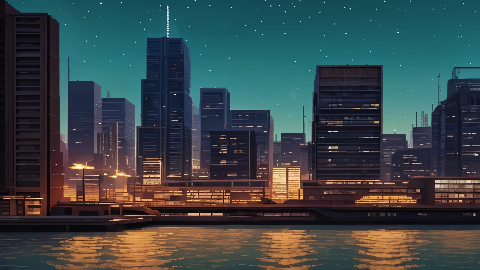 modern dense city skyline, multiple skyscrapers and office buildings, pixel world, night time